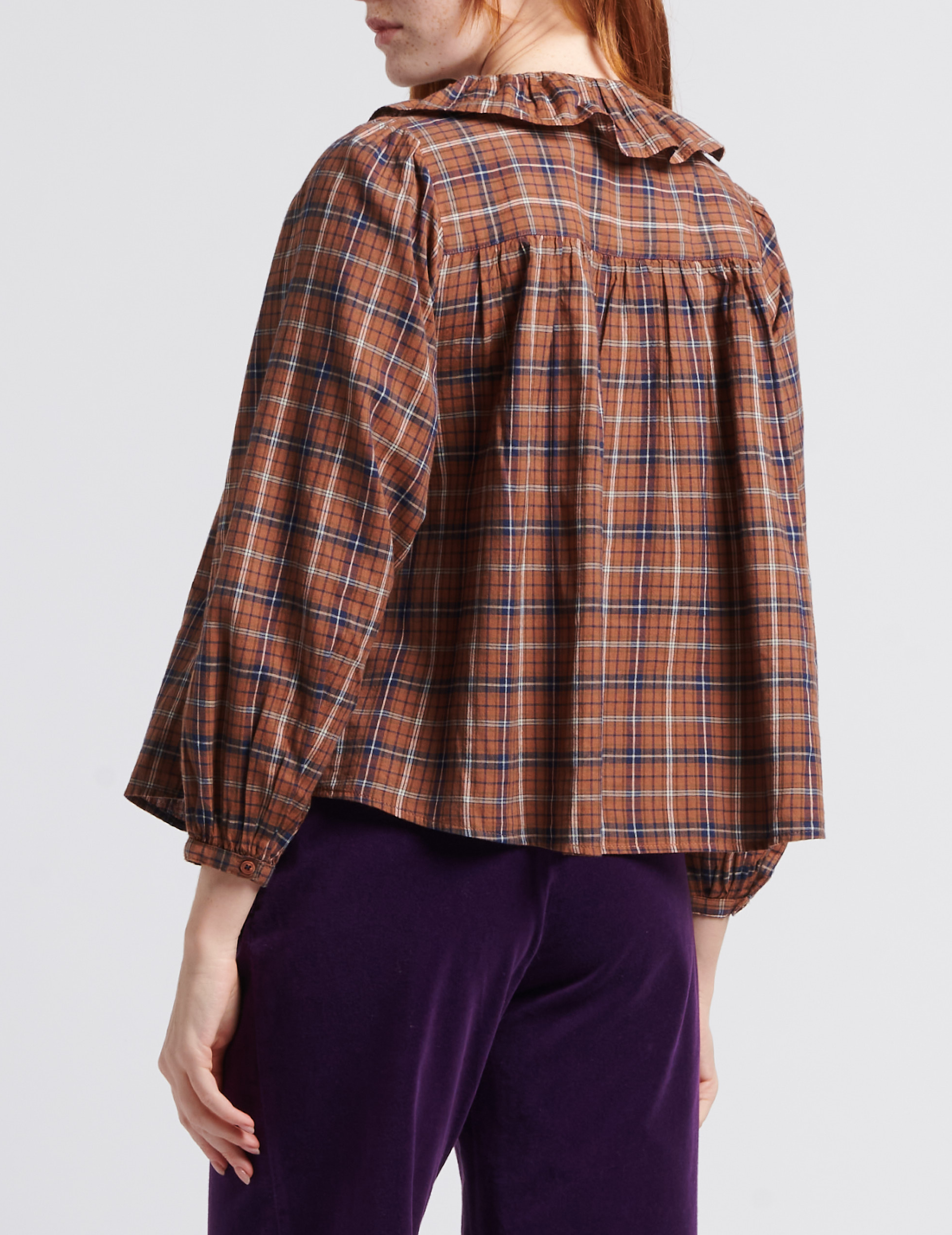 Round-neck checked cotton blouse with ruffles BELLEPIECE Brown