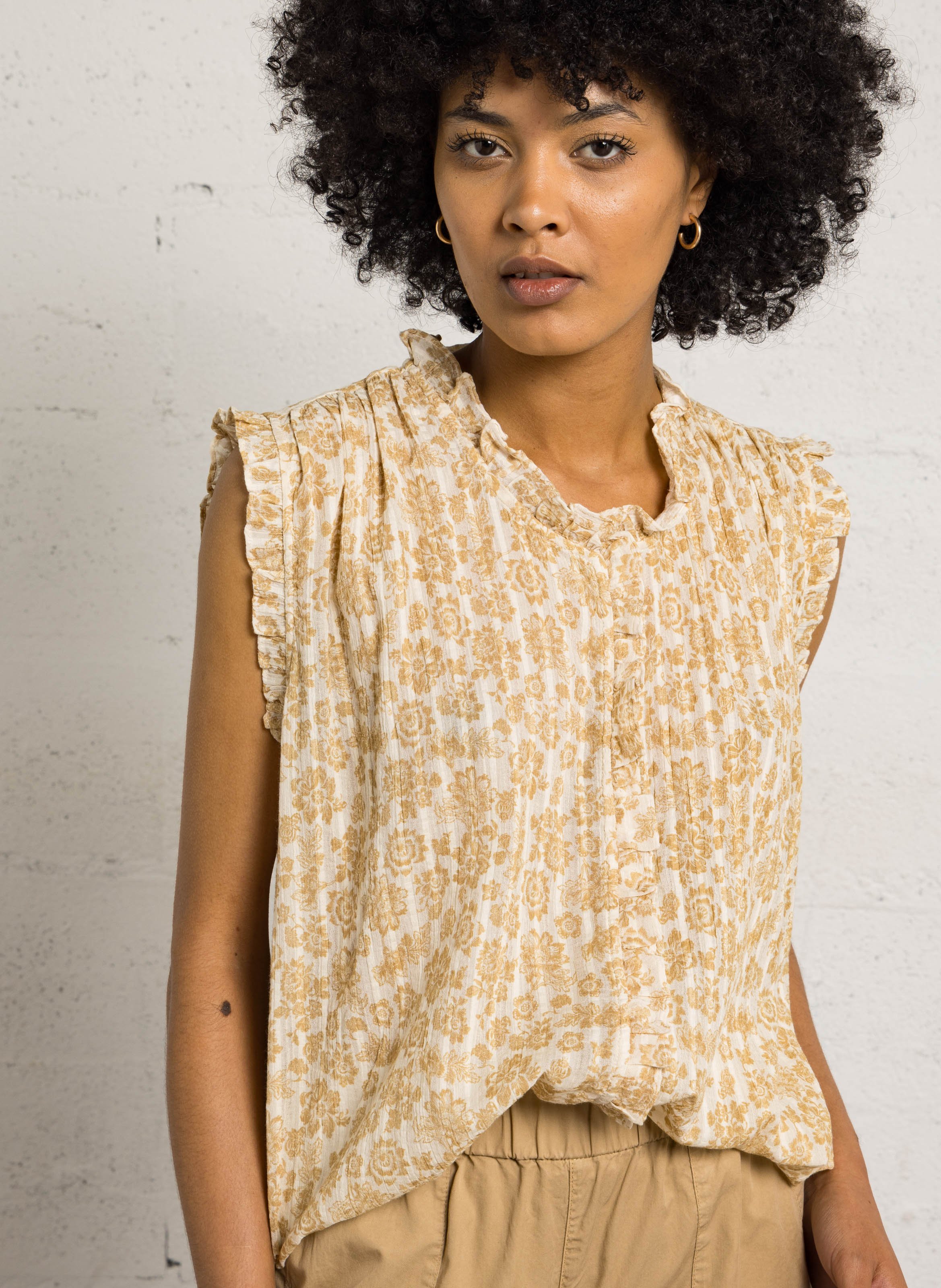 Top droit col rond en coton imprimé FEEKA Beige