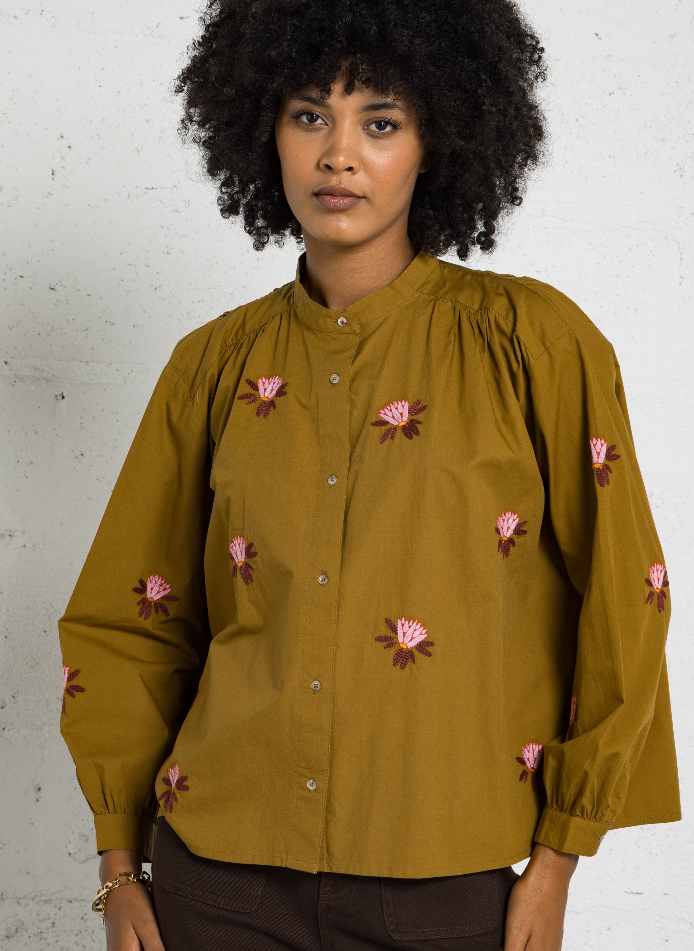 Straight printed organic cotton round-neck blouse SACRECOEUR Green