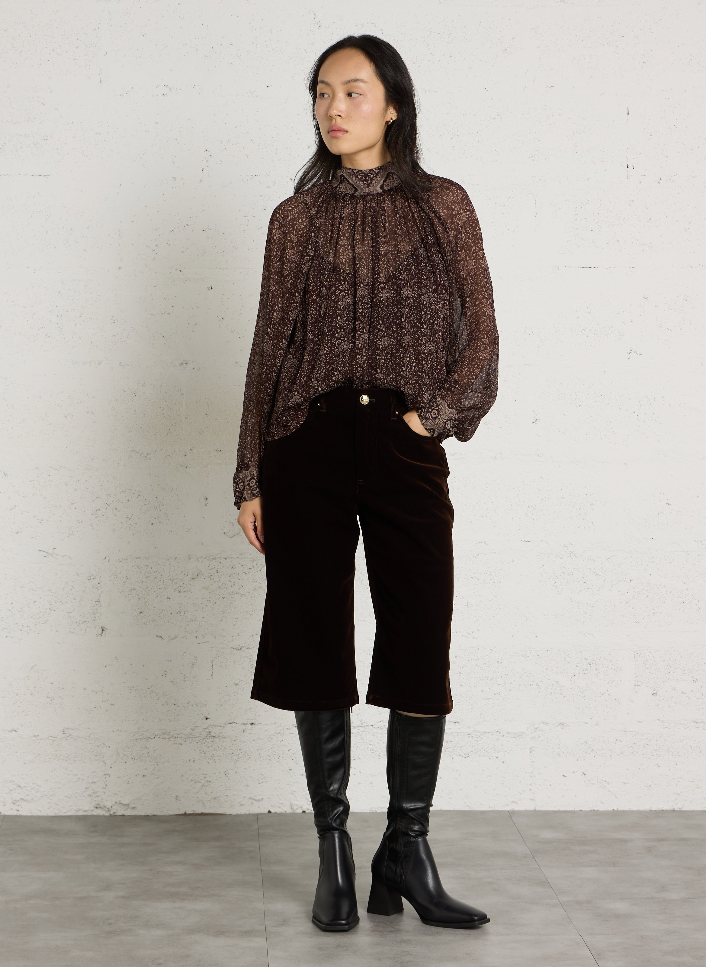 Gedrukte blouse met strikkenkraag PETITE MENDIGOTE Bruin