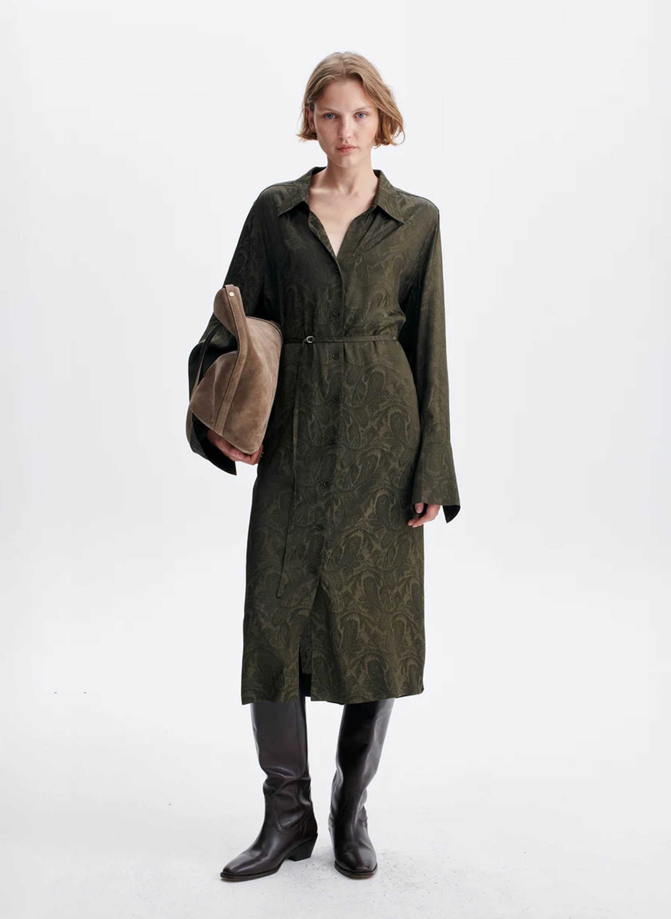 Langes Kleid mit Hemdkragen aus Jacquard VANESSA BRUNO Khaki