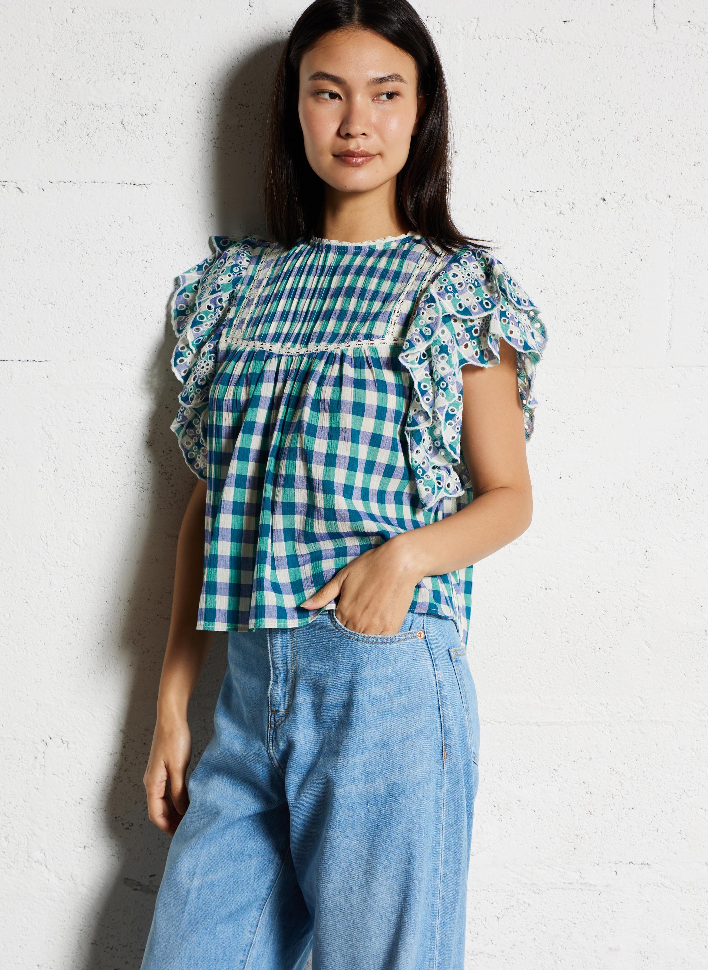 Top sans manches à carreaux en coton BELLEROSE Vert