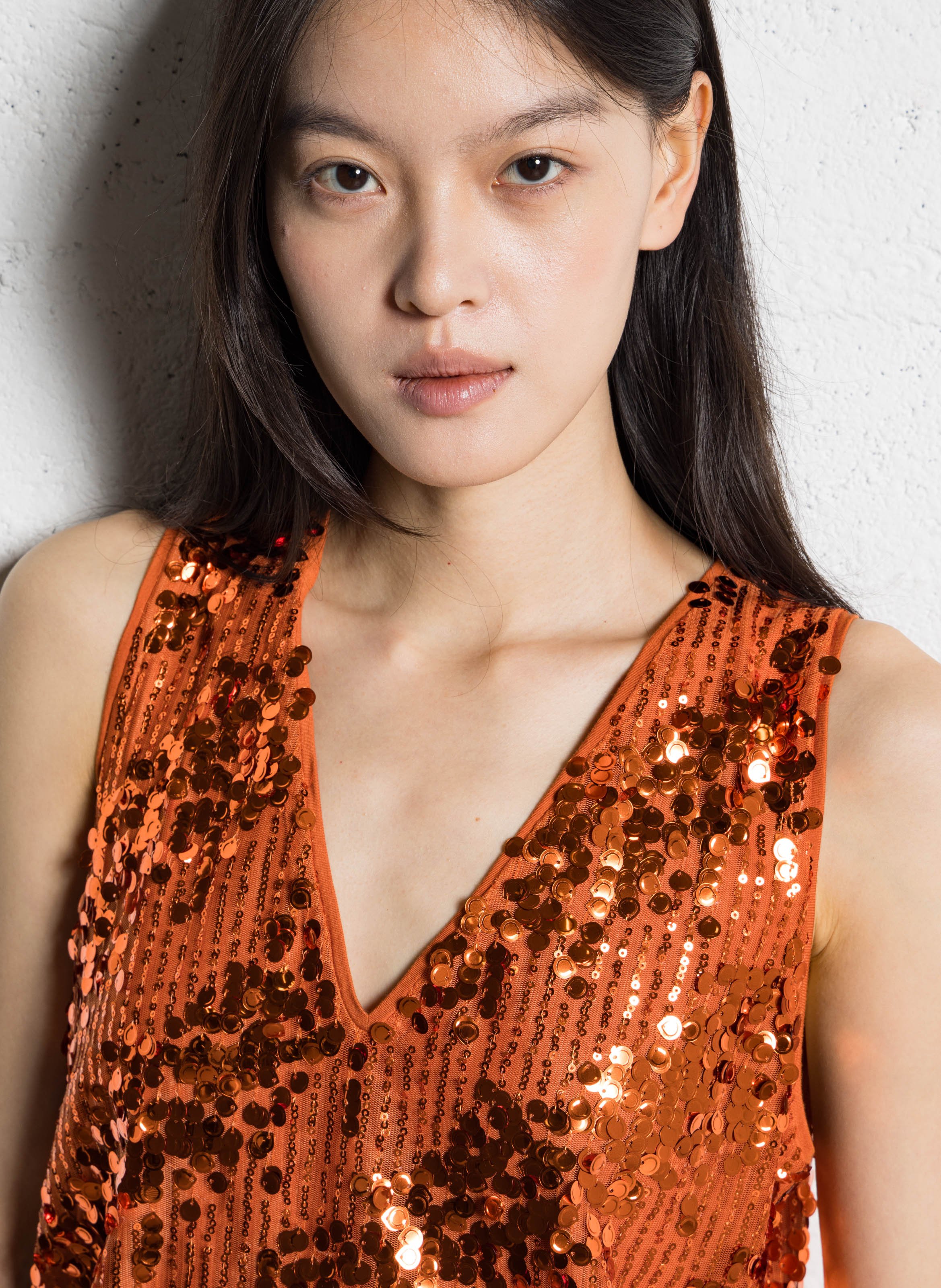 Rechte top met V-hals en lovertjes Oranje