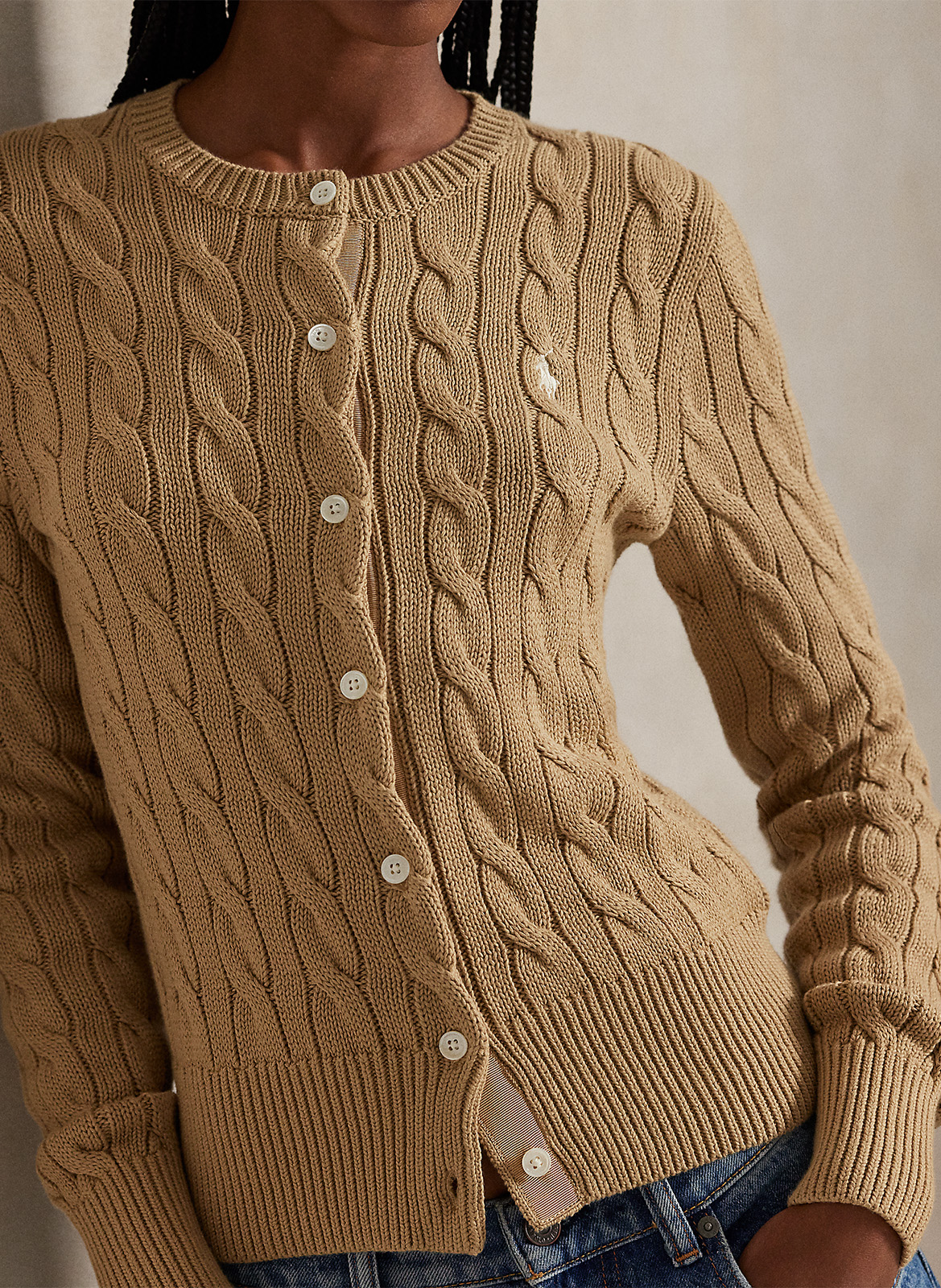 Cardigan droit col rond en coton POLO RALPH LAUREN Marron