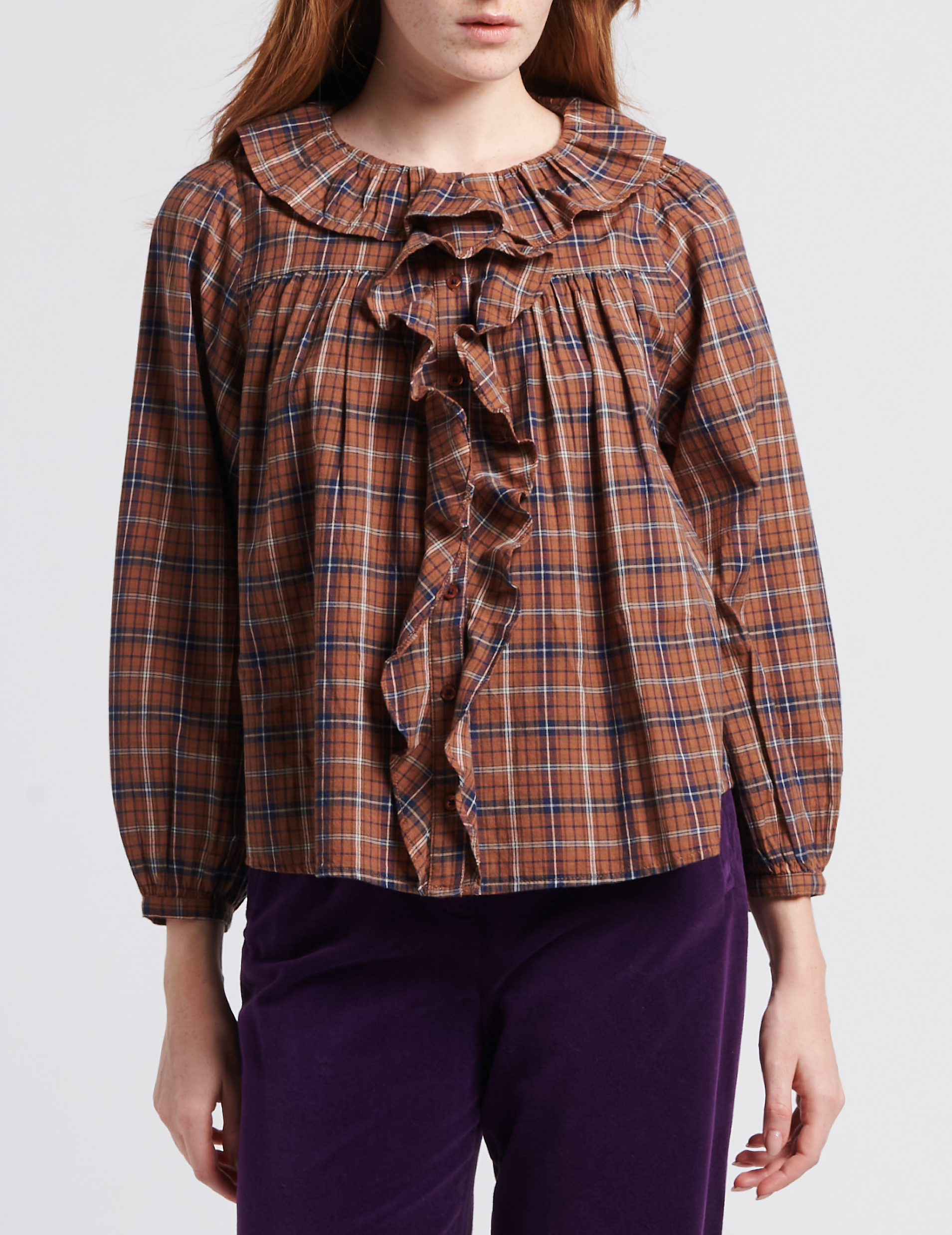 Round-neck checked cotton blouse with ruffles BELLEPIECE Brown