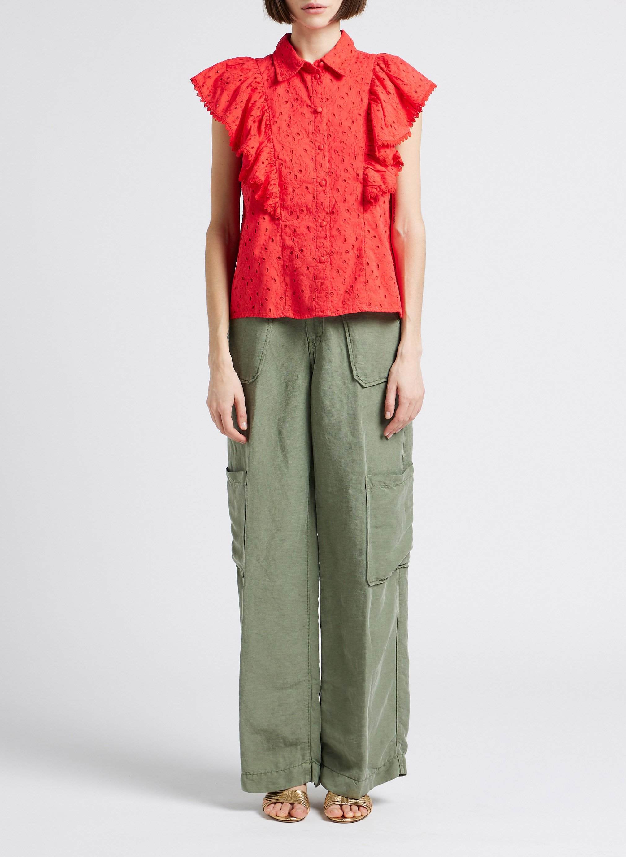 Ruimvallend katoenen overhemd met klassieke kraag YAS Rood