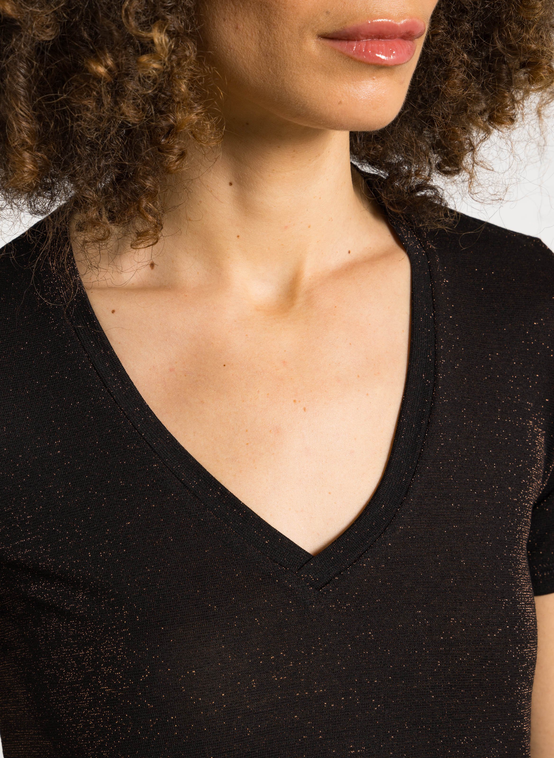 T-shirt col V en fibres métallisées PLEASE Marron