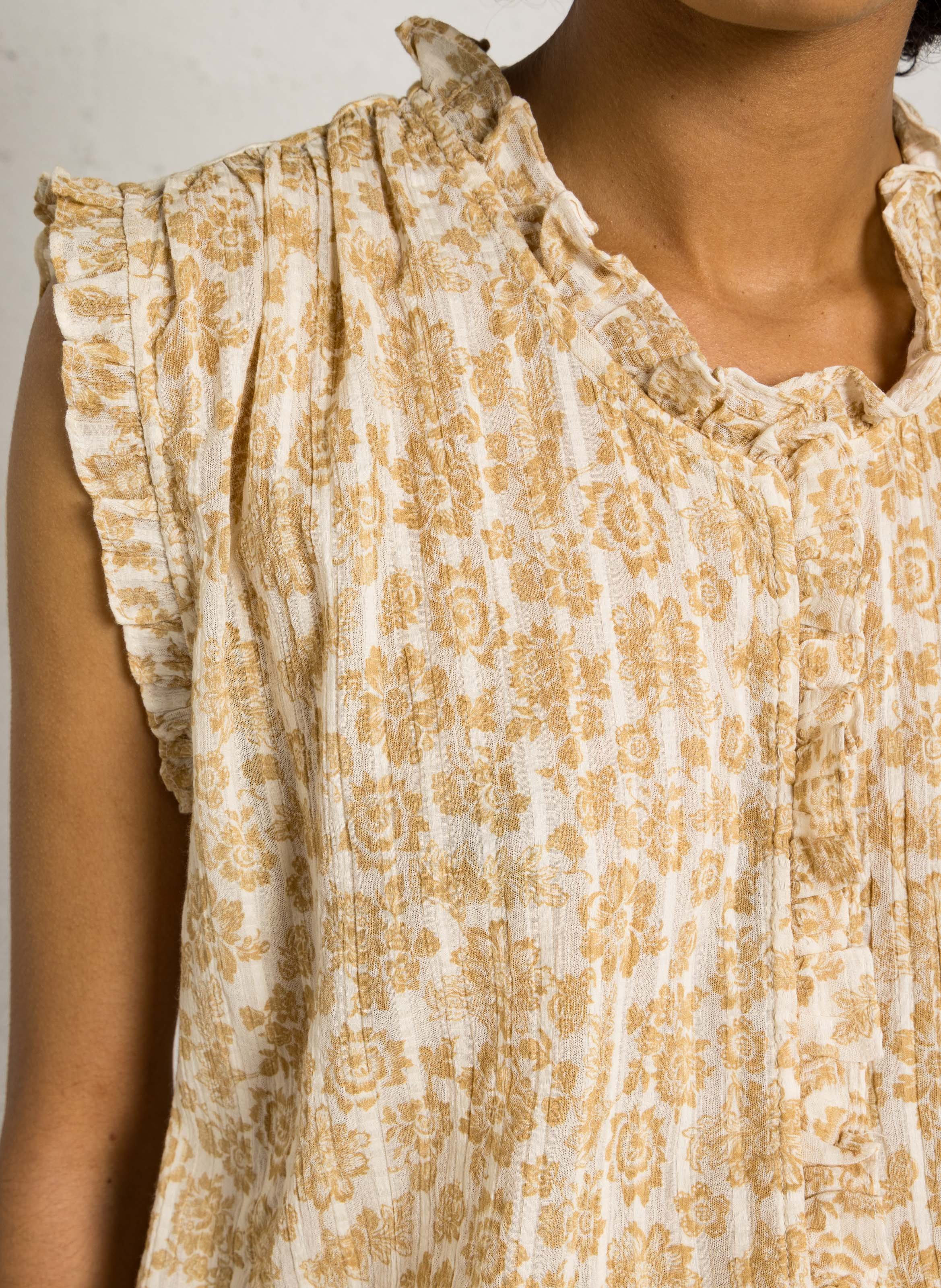 Top droit col rond en coton imprimé FEEKA Beige