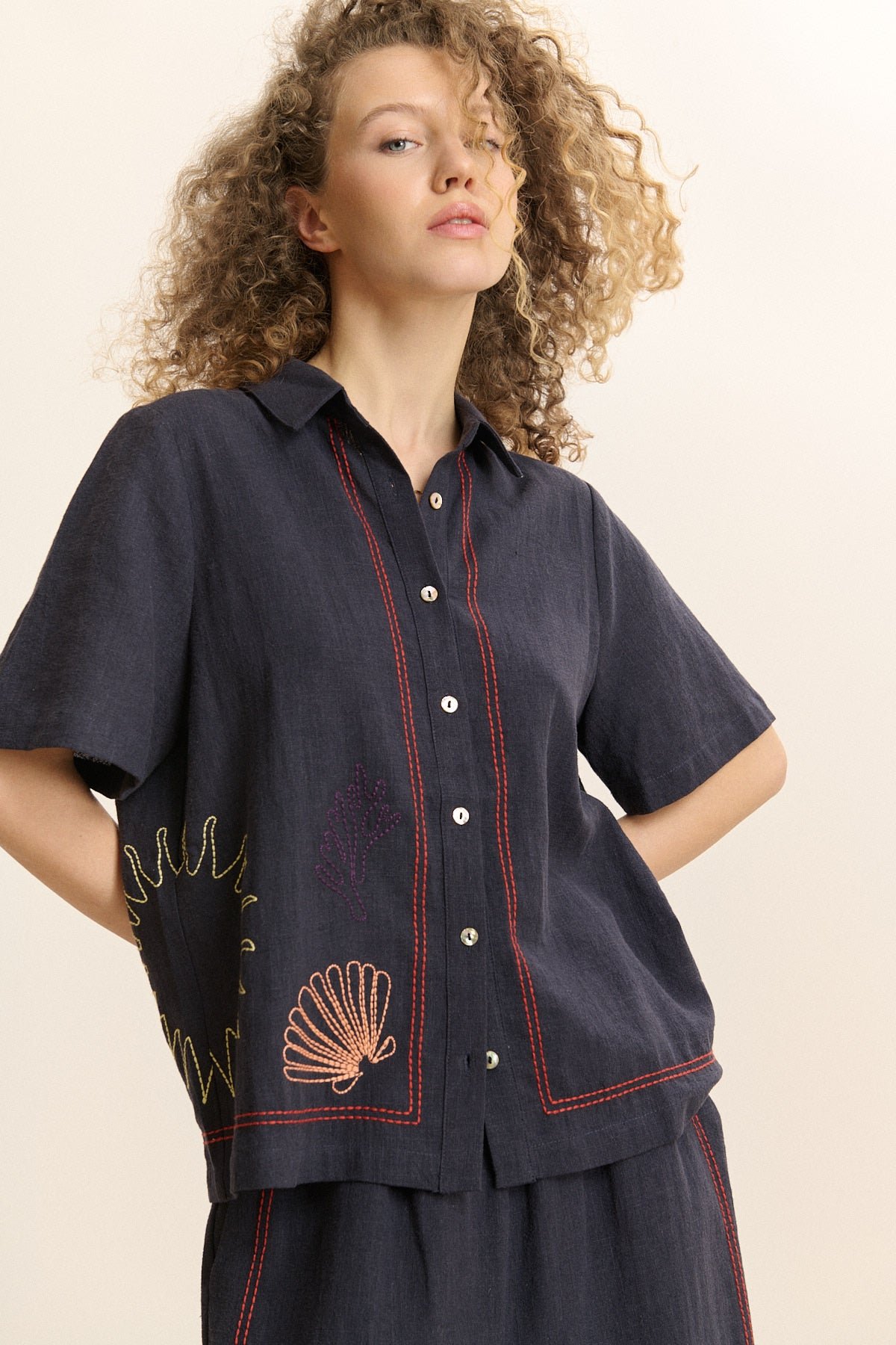 Short-sleeved embroidered shirt GARANCE PARIS Blue