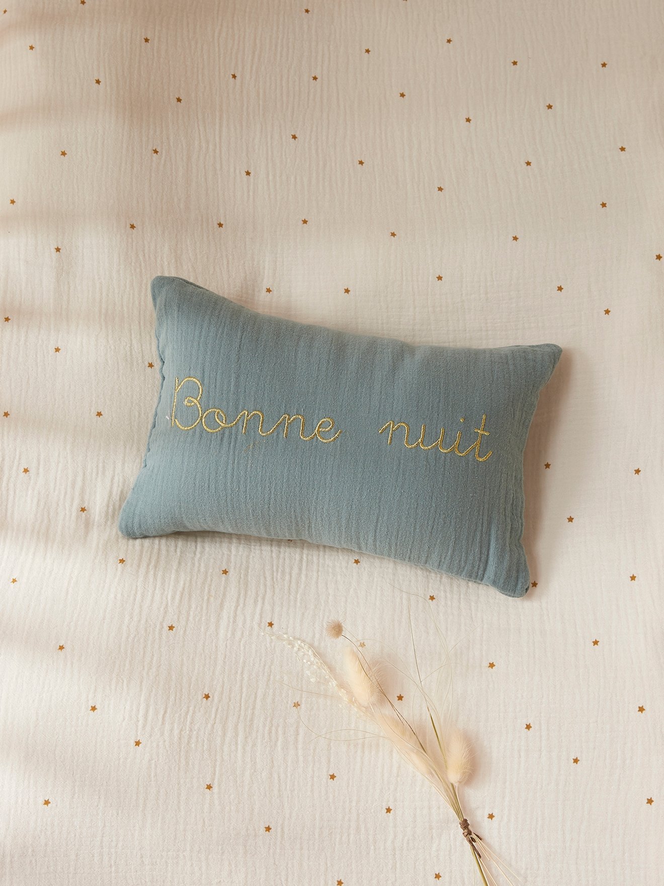 Small gold-embroidered cotton gauze cushion CYRILLUS Green