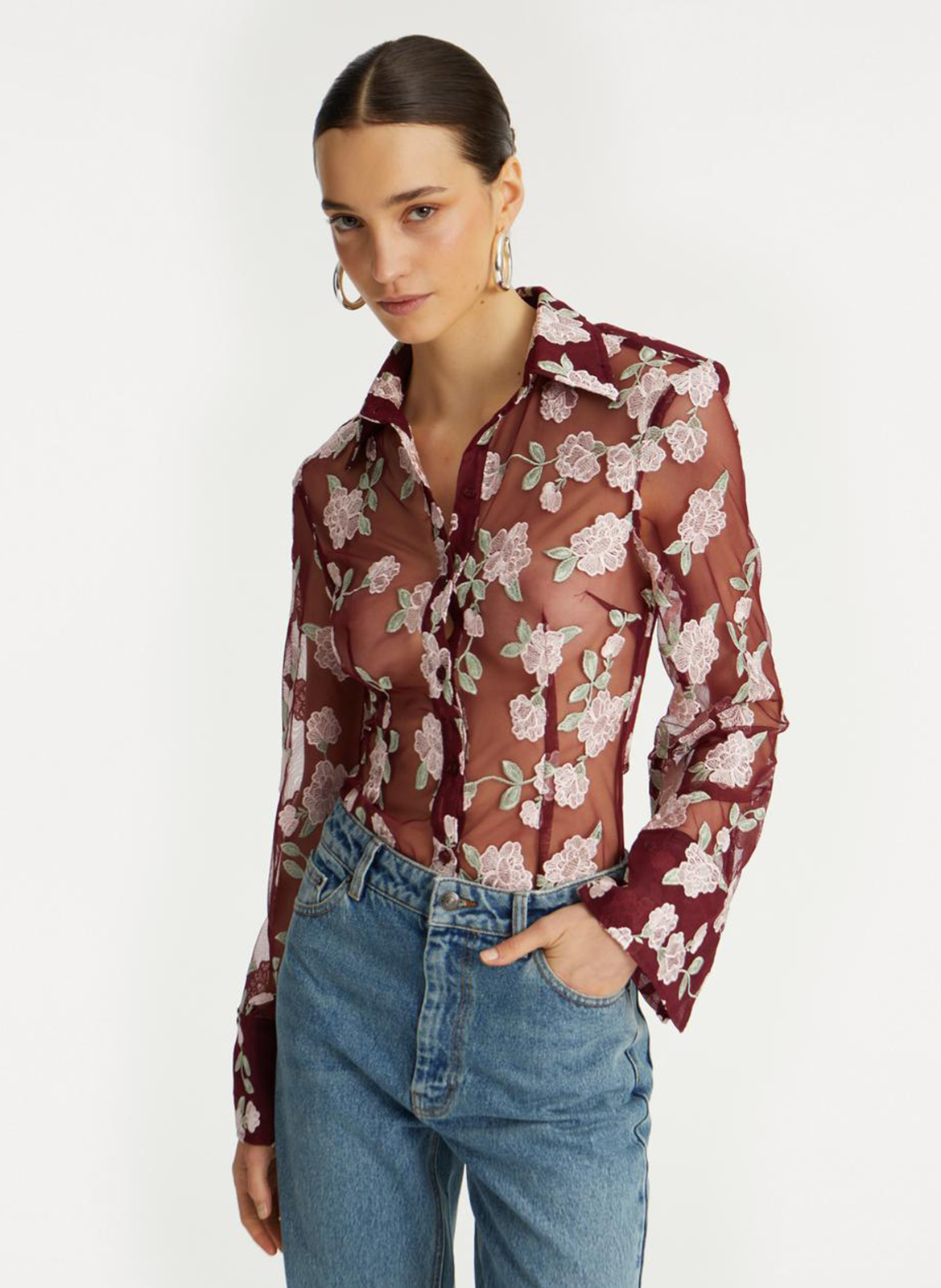 Chemise col classique brodée ROTATE Brown