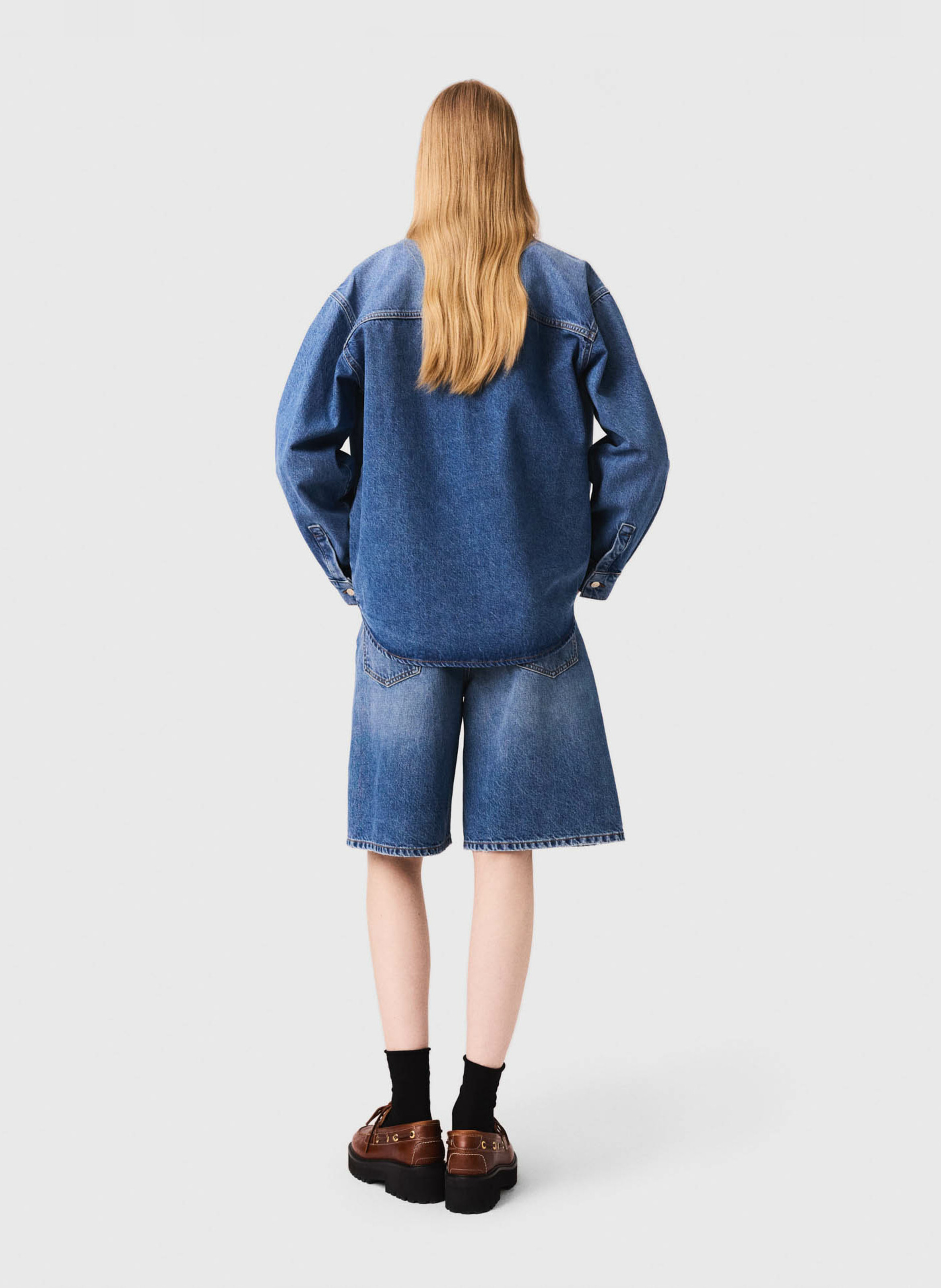 Blouson col rond en denim de coton MAJE Bleu