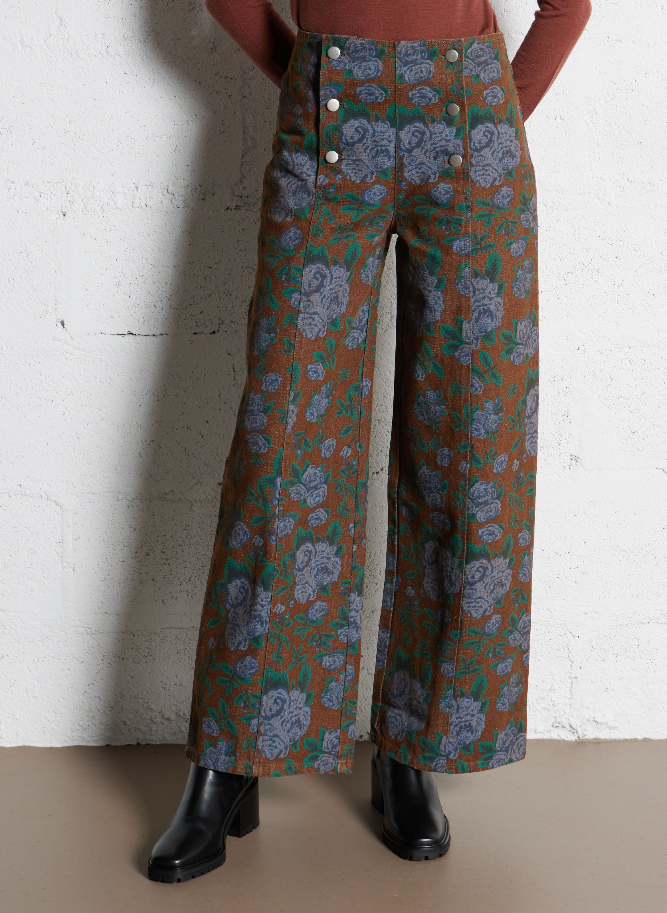 Pantalon taille haute à motif floral THE TINY BIG SISTER Marron