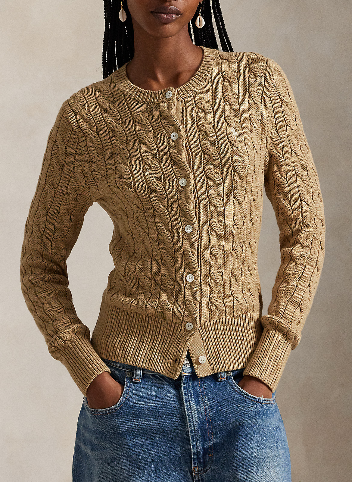 Cardigan droit col rond en coton POLO RALPH LAUREN Marron