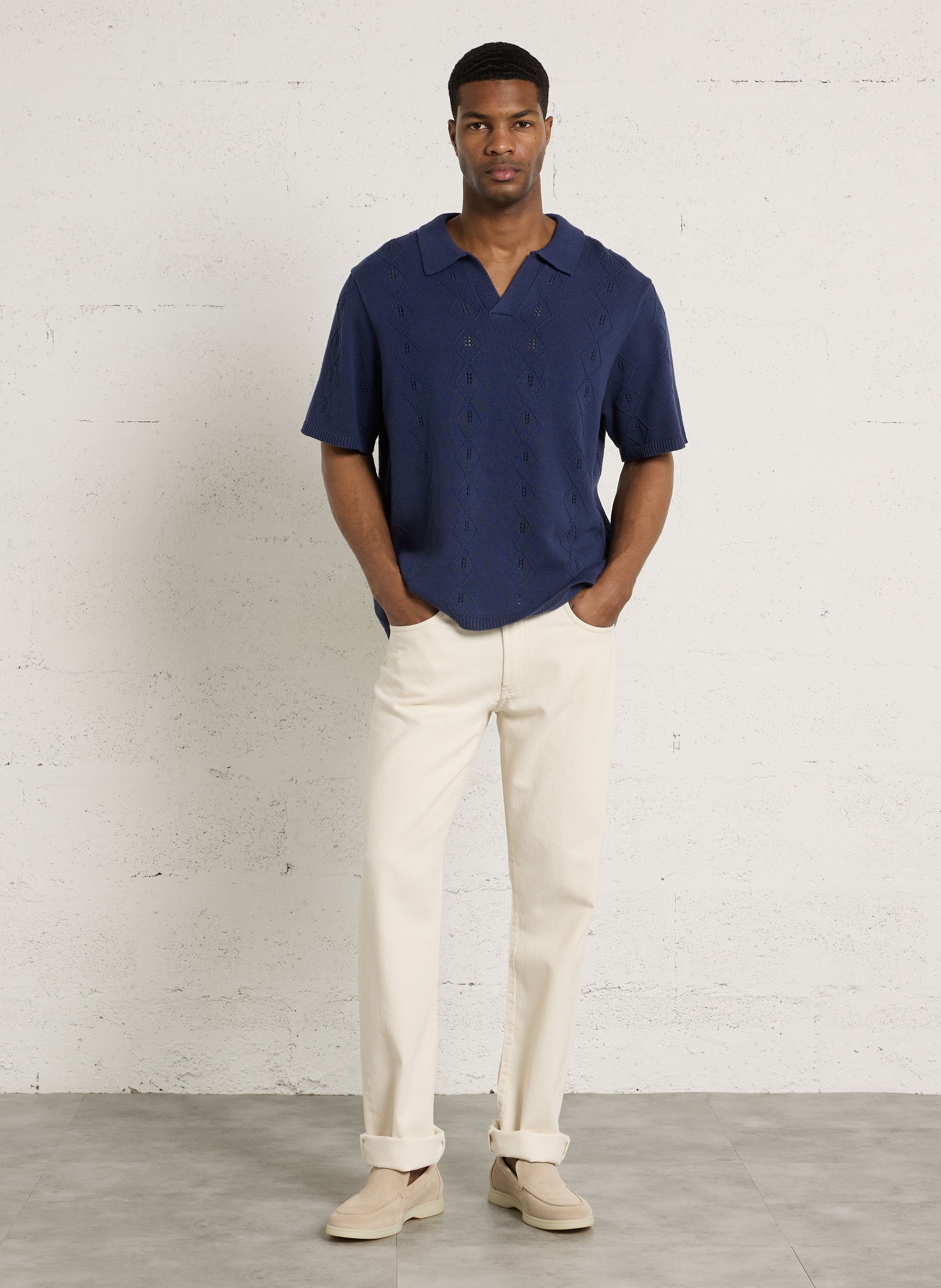 Pull col polo en coton SOLID Bleu