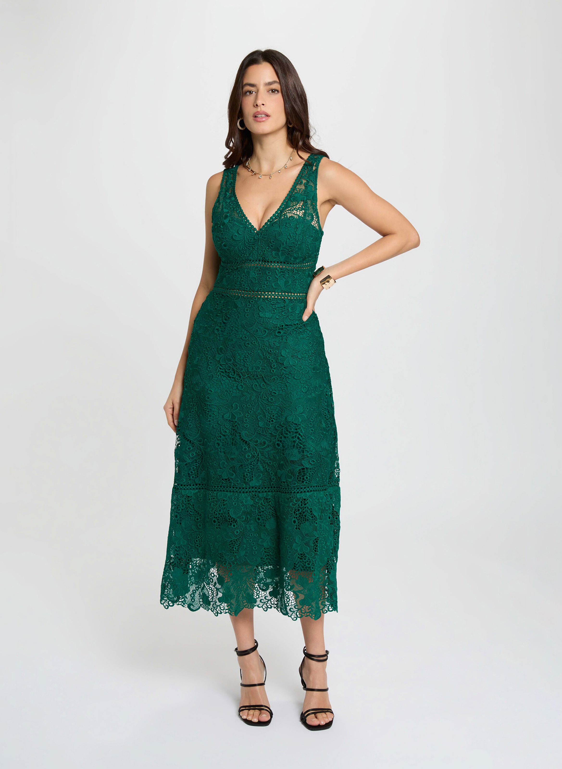 Robe midi col v en dentelle MORGAN Vert