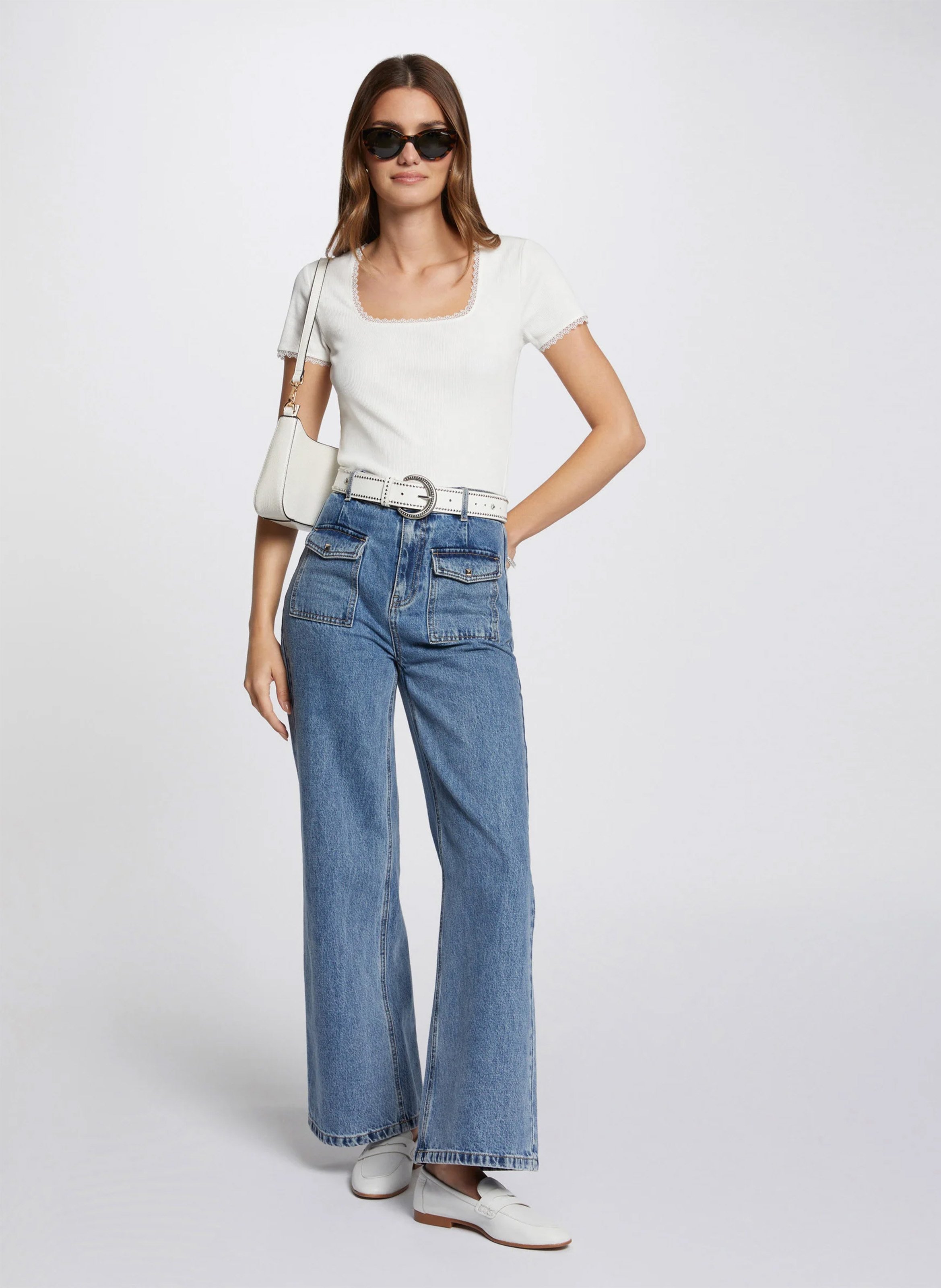 T-shirt van katoenmix met kant MORGAN Wit