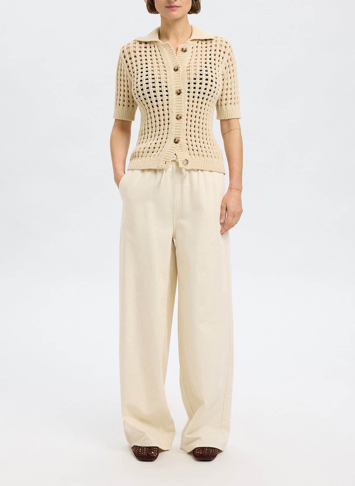 Cardigan droit en coton bio mélangé SELECTED Beige