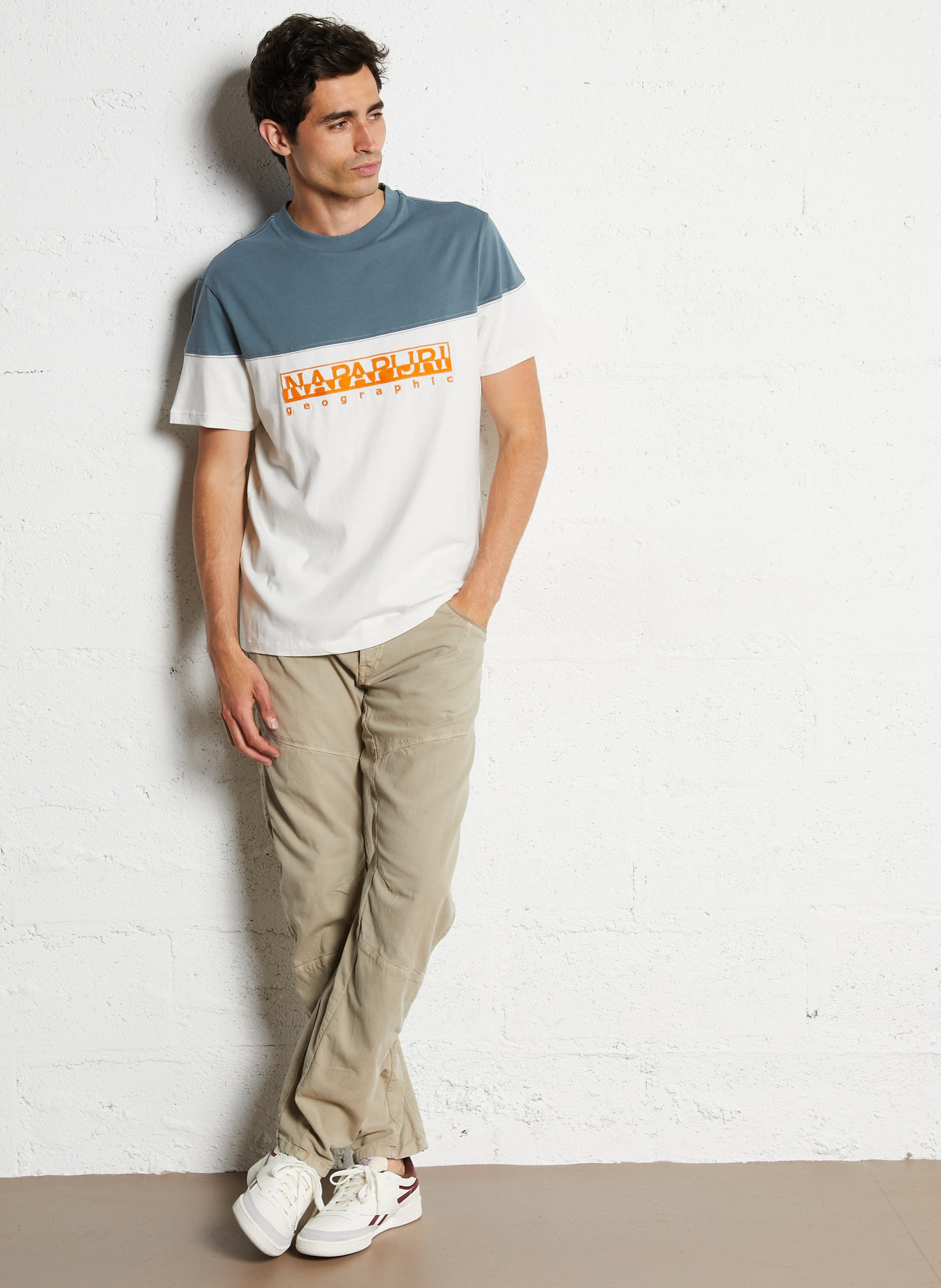 Zweifarbiges besticktes Baumwoll-T-Shirt NAPAPIJRI Weiss