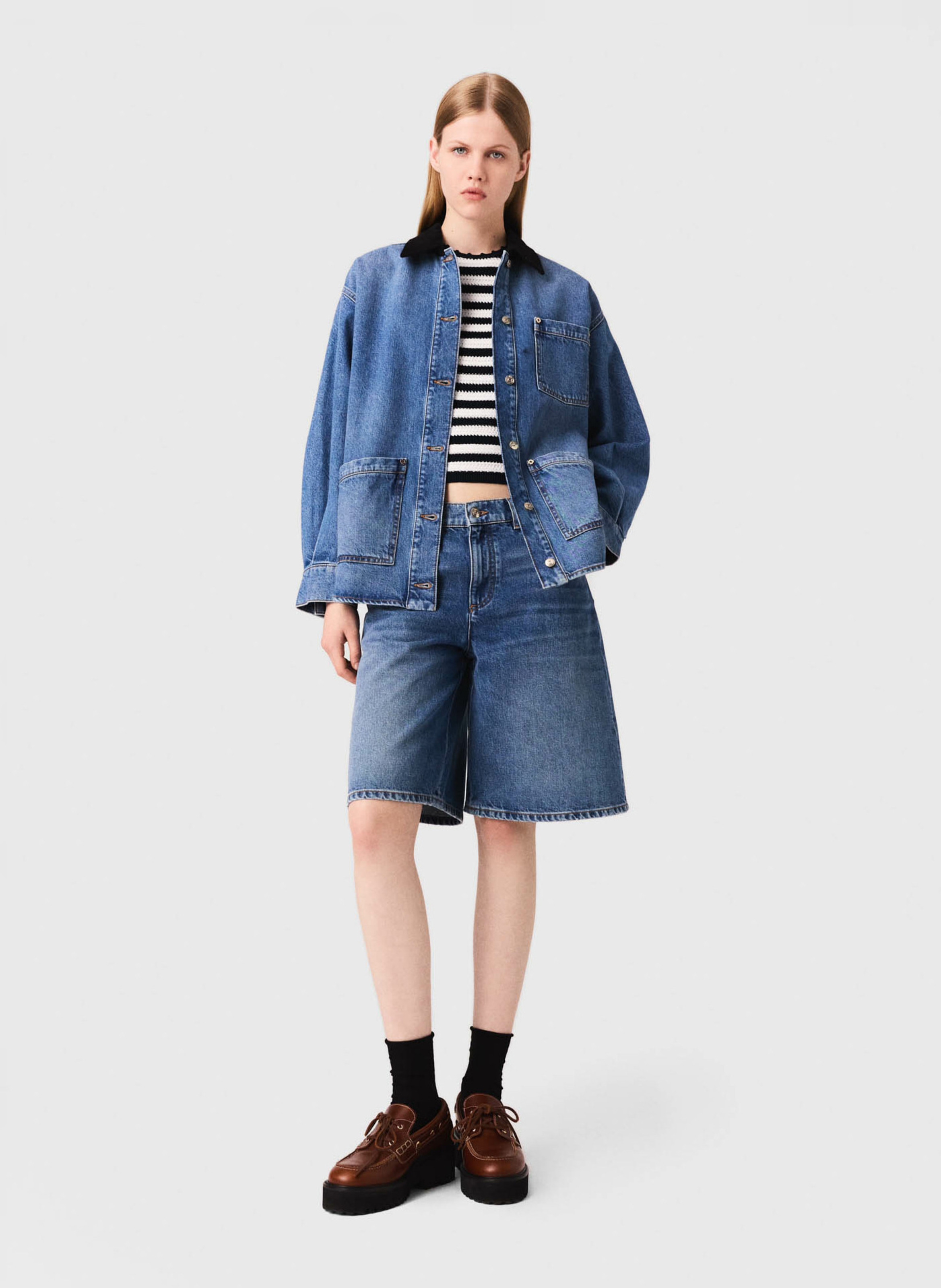 Blouson col rond en denim de coton MAJE Bleu