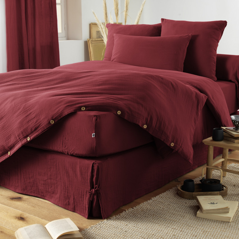 "Fitted sheet "Gaia" all sizes in "cotton gauze"" L'EFFET PAPILLON Red