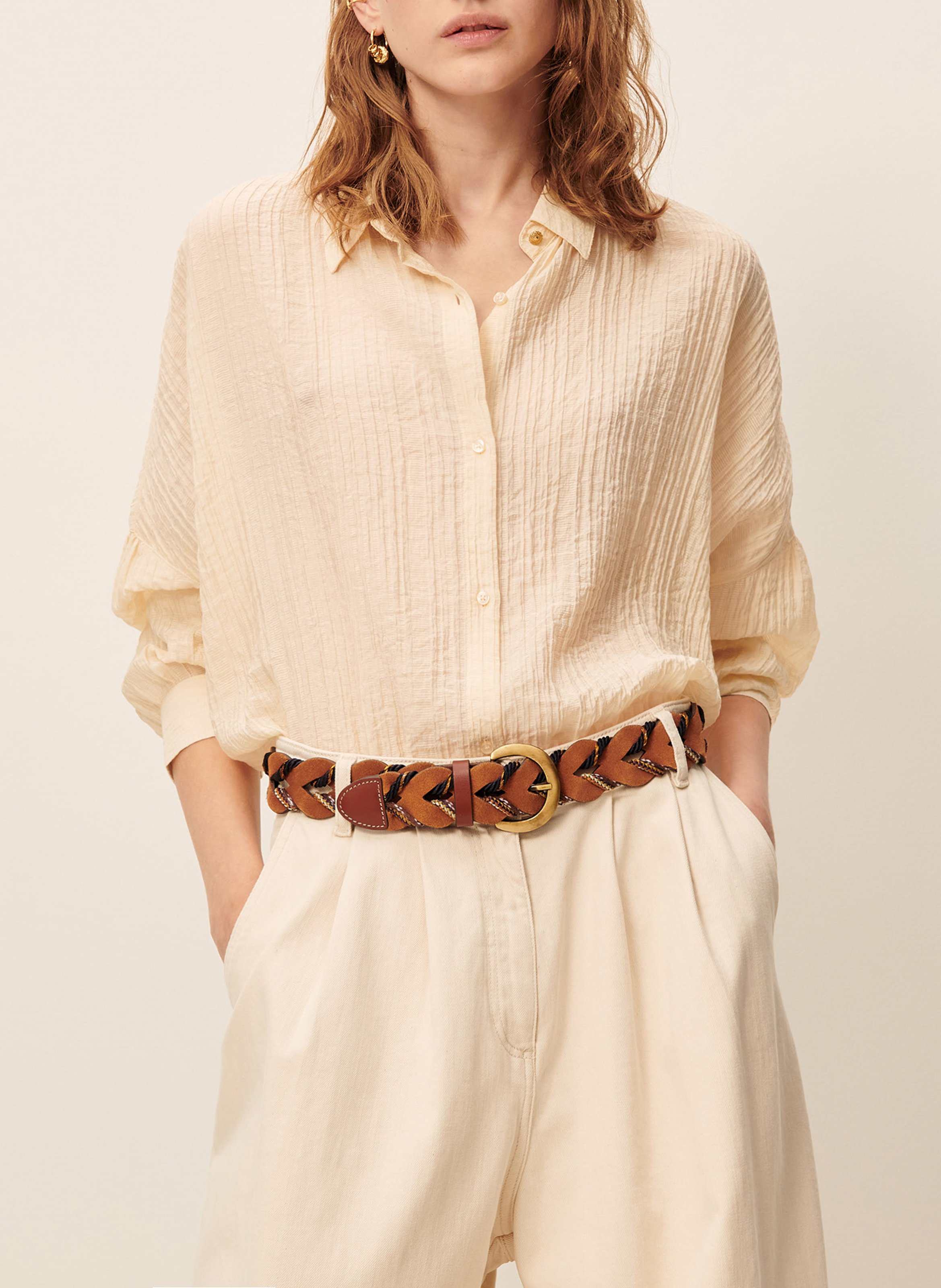 Classic-collar oversized striped cotton shirt SESSUN Beige