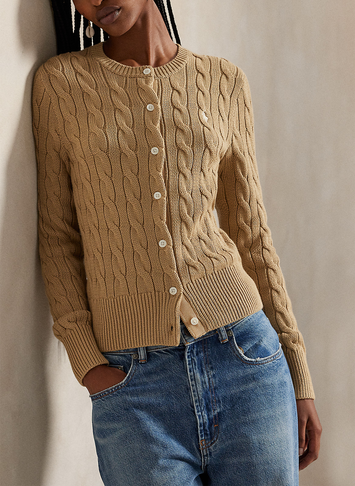 Cardigan droit col rond en coton POLO RALPH LAUREN Marron