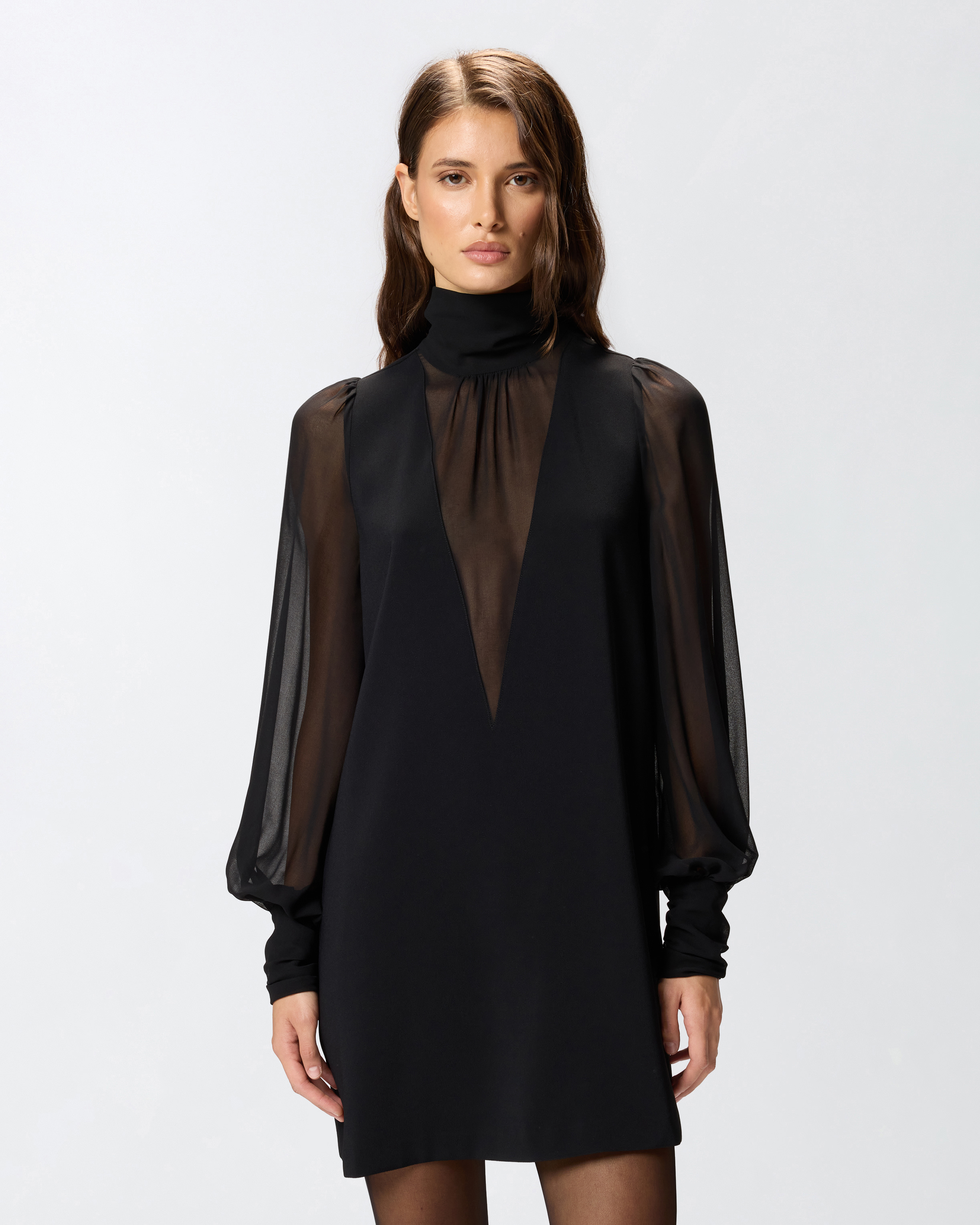 Short dress with high neck in georgette crepe Black