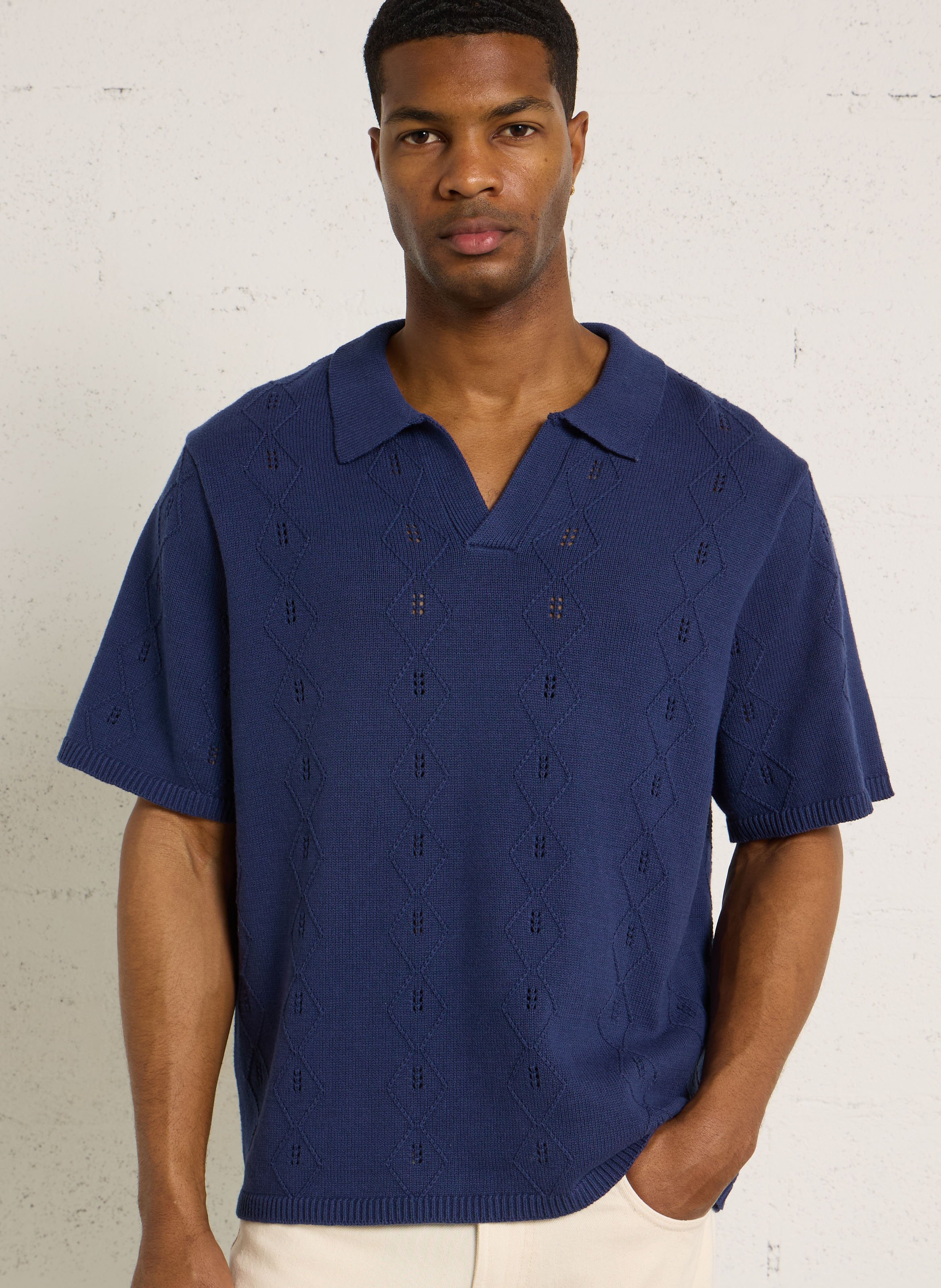 Pull col polo en coton SOLID Bleu