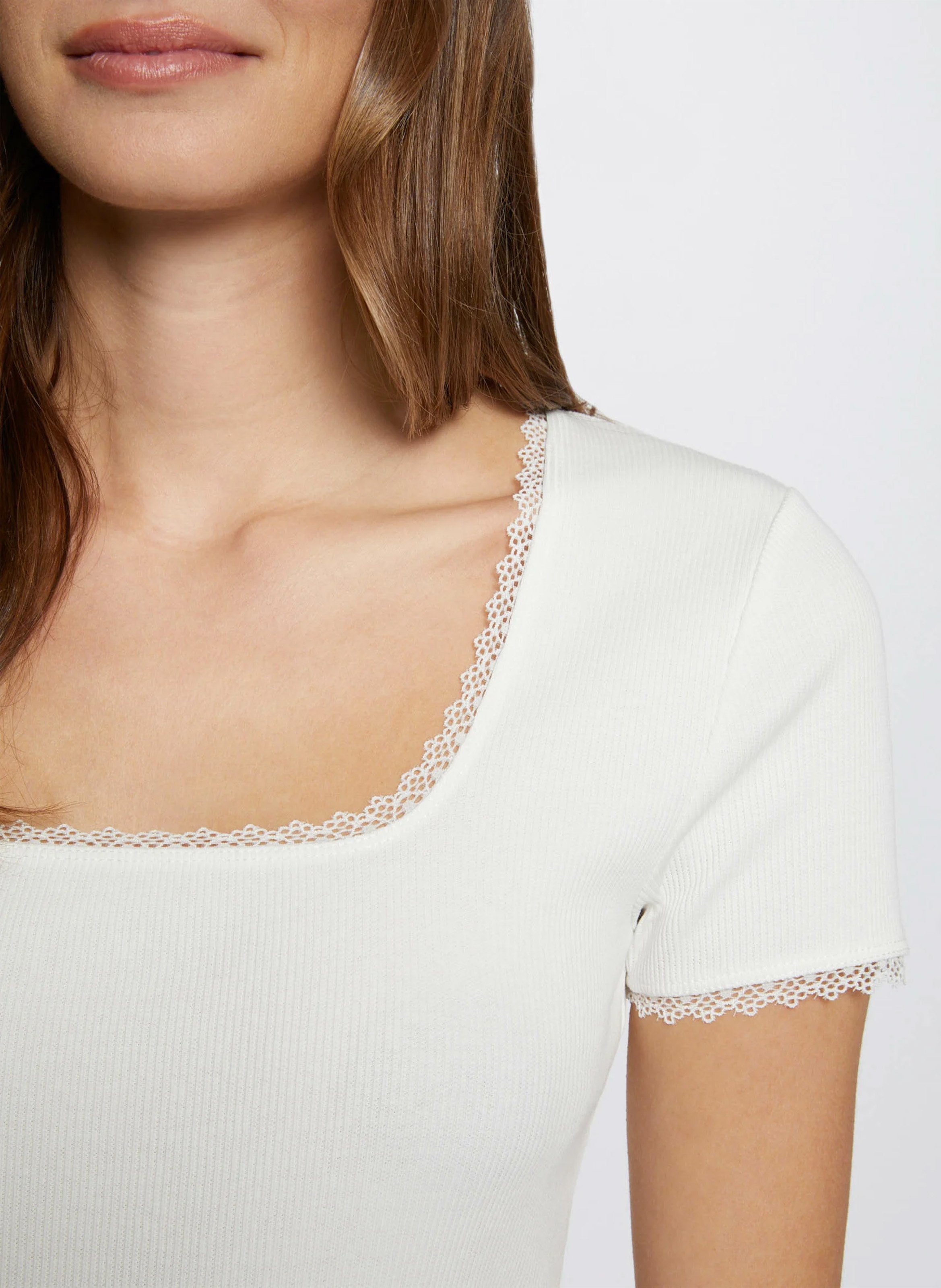 T-shirt van katoenmix met kant MORGAN Wit