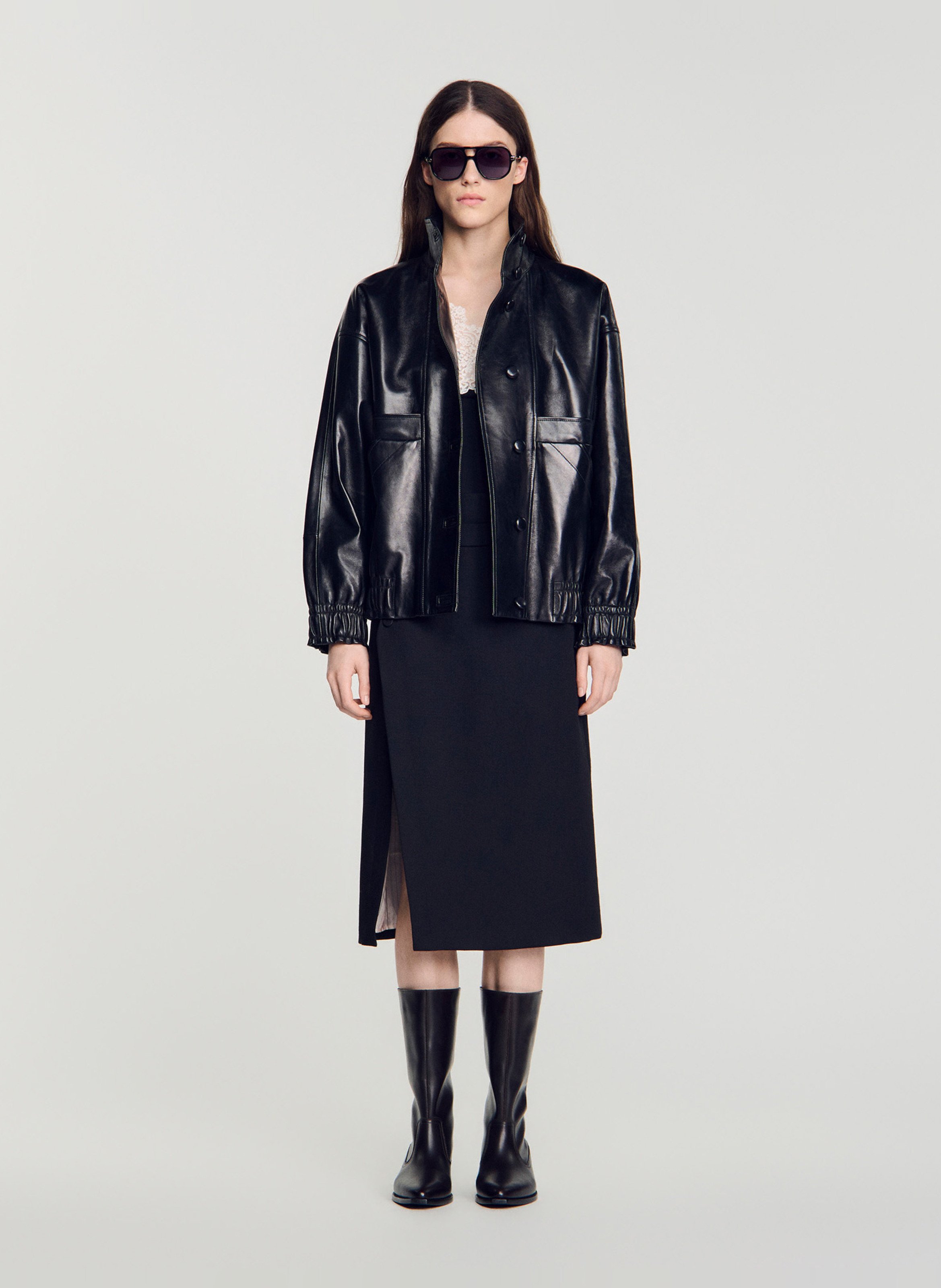 Oversized leather jacket SANDRO Black