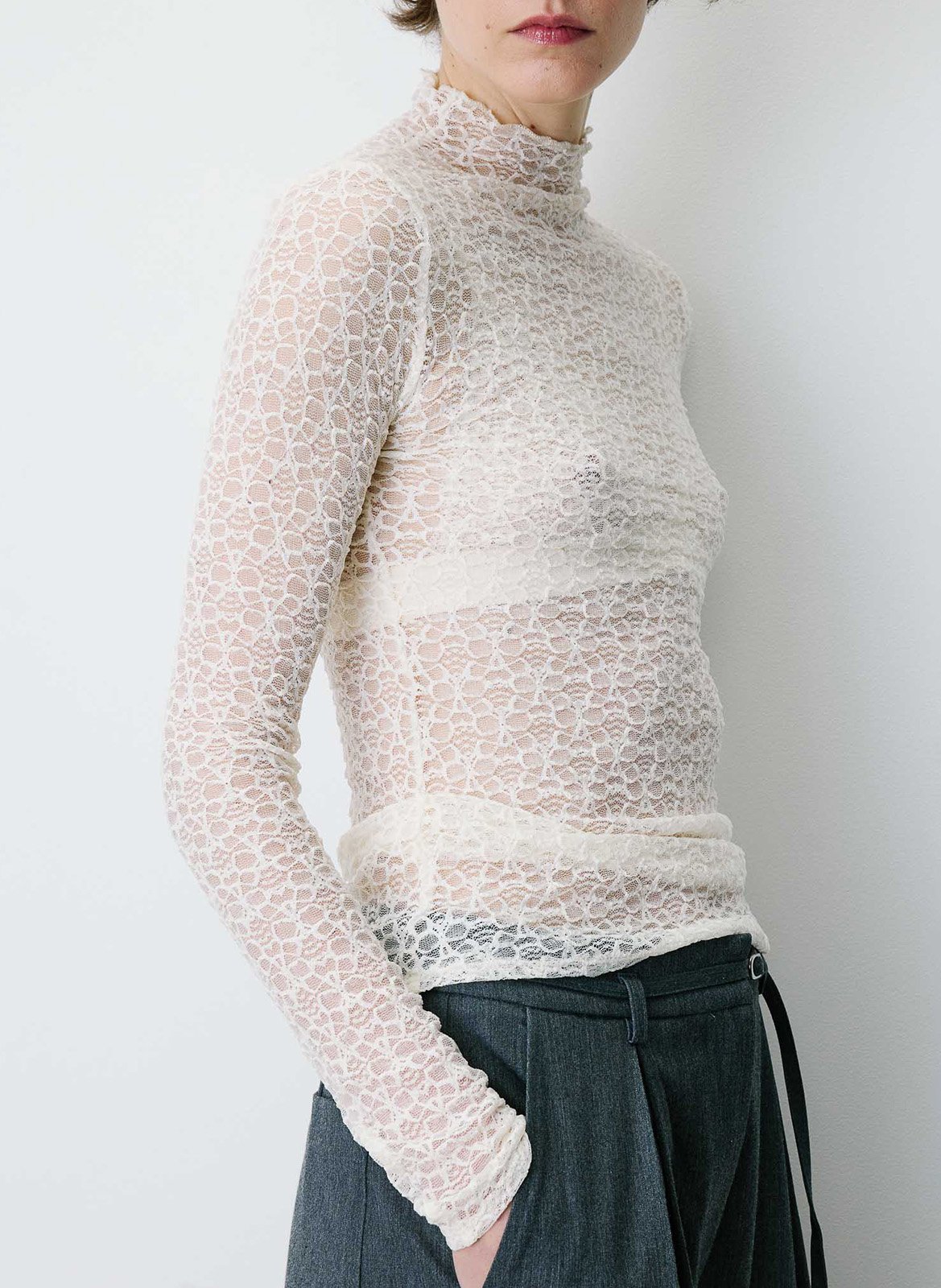 T-shirt manches longues cintré en dentelle GRACE ET MILA Blanc