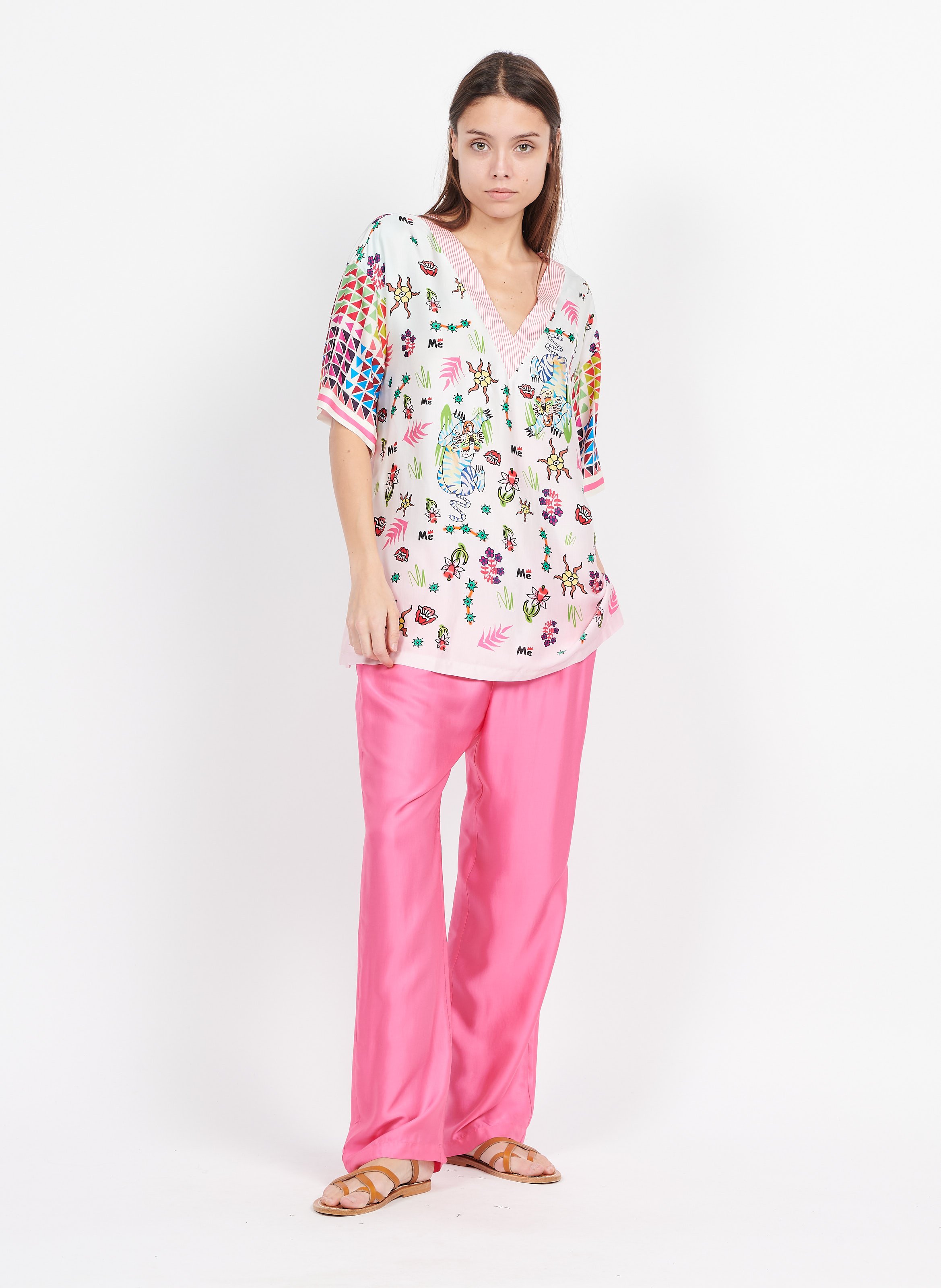 Plain fluid tie pants Pink