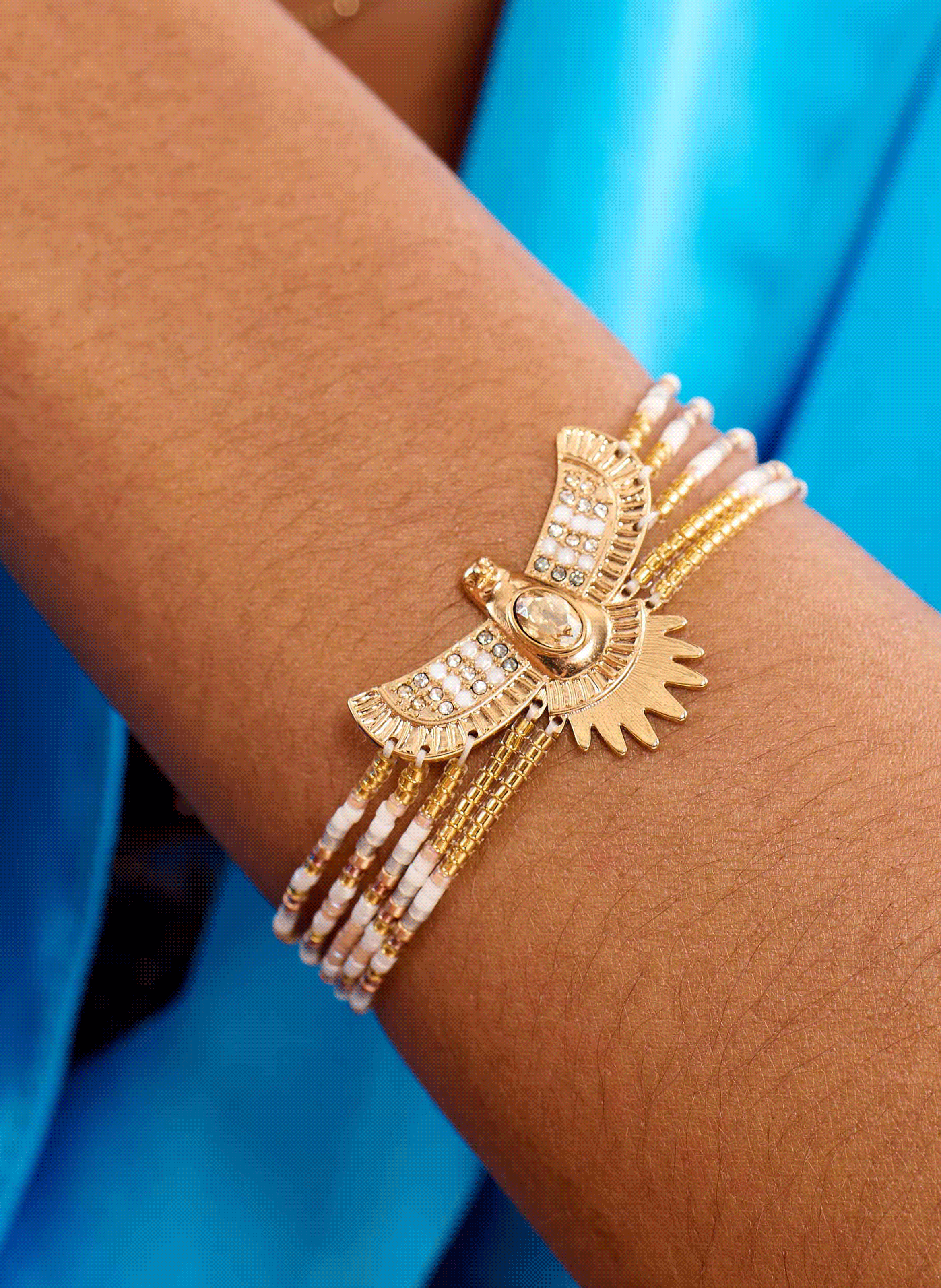 Adjustable bracelet with beads and central cabochon HIPANEMA White