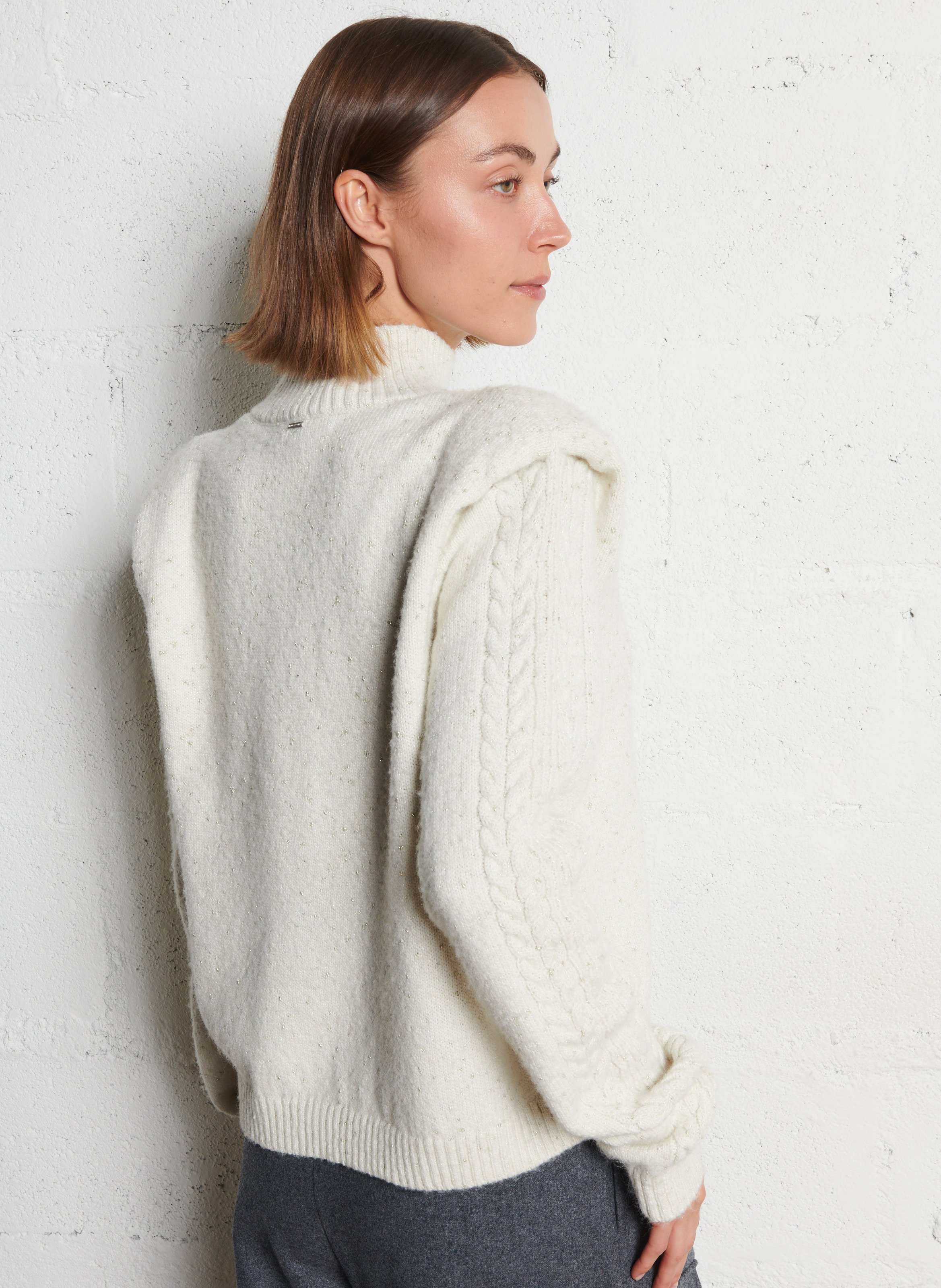 Pull court tressé à détails métallisés IKKS Blanc