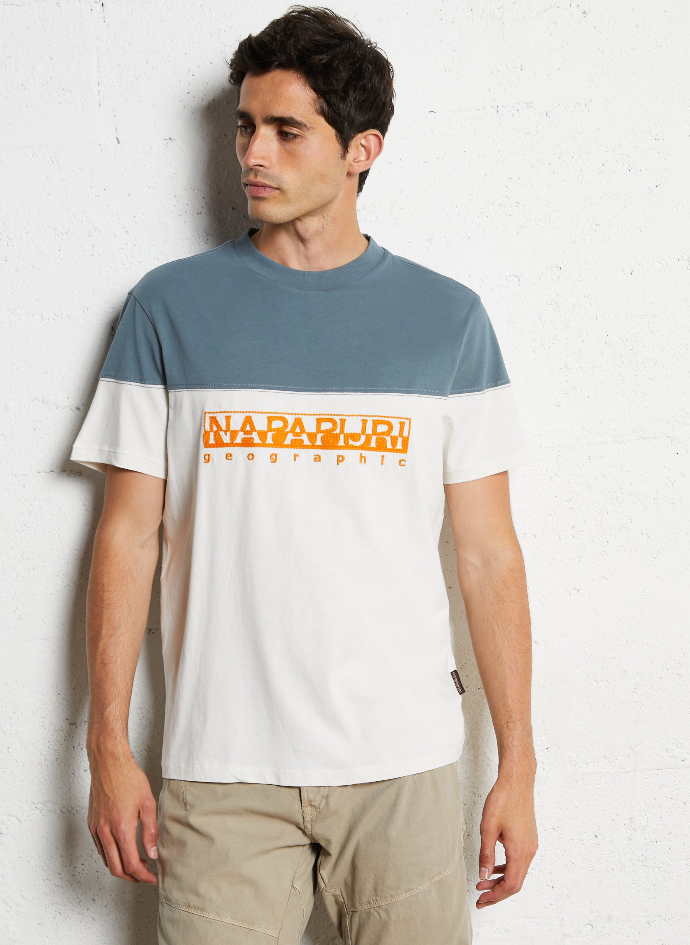 Zweifarbiges besticktes Baumwoll-T-Shirt NAPAPIJRI Weiss