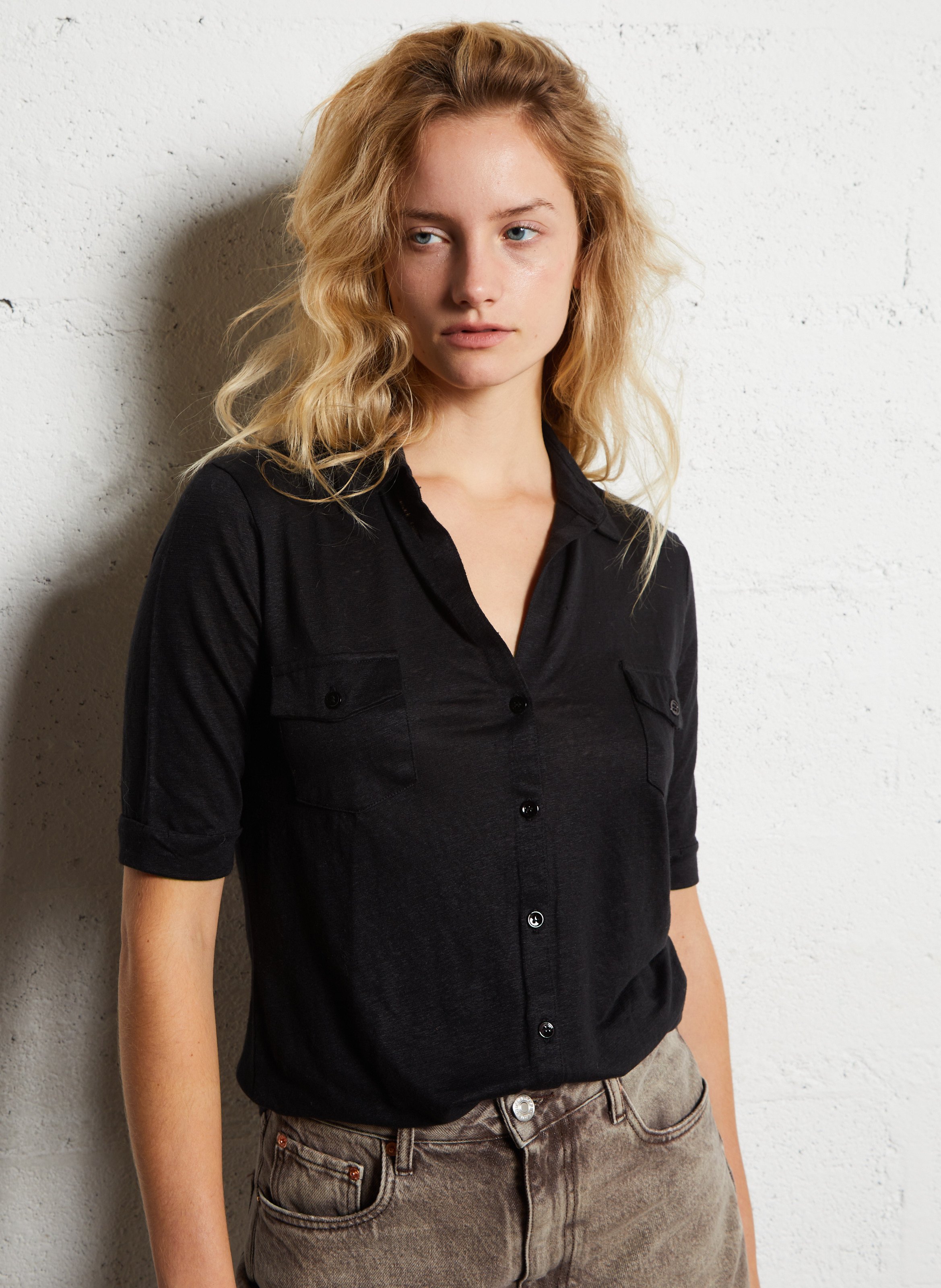 Linen-blend shirt with classic collar MAJESTIC FILATURES Black