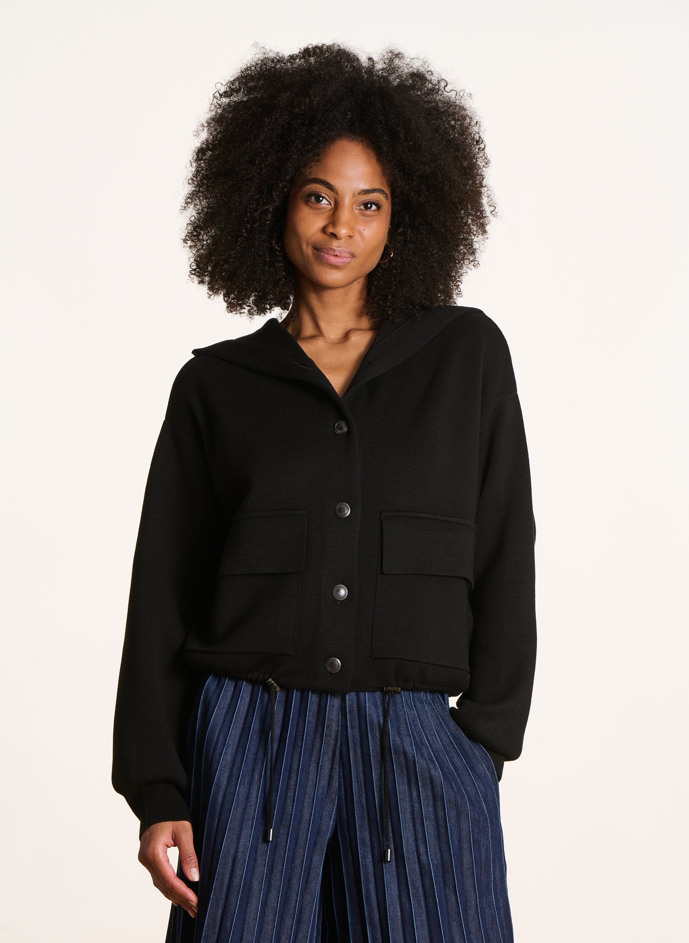 Gilet ample boutonné à capuche LA FEE MARABOUTEE Noir