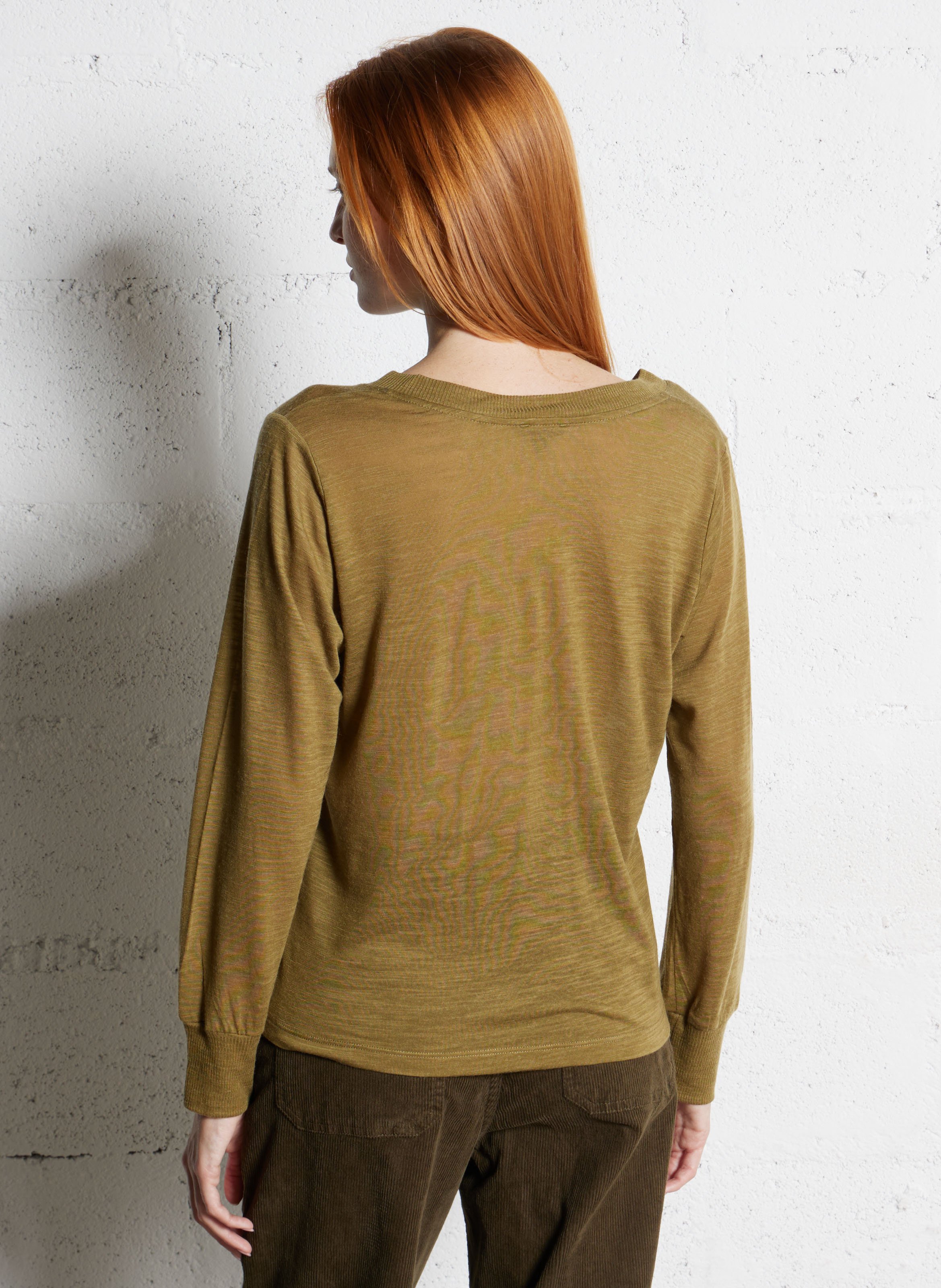 T-shirt met V-hals en lange mouwen in effen kleur BENSIMON Kaki