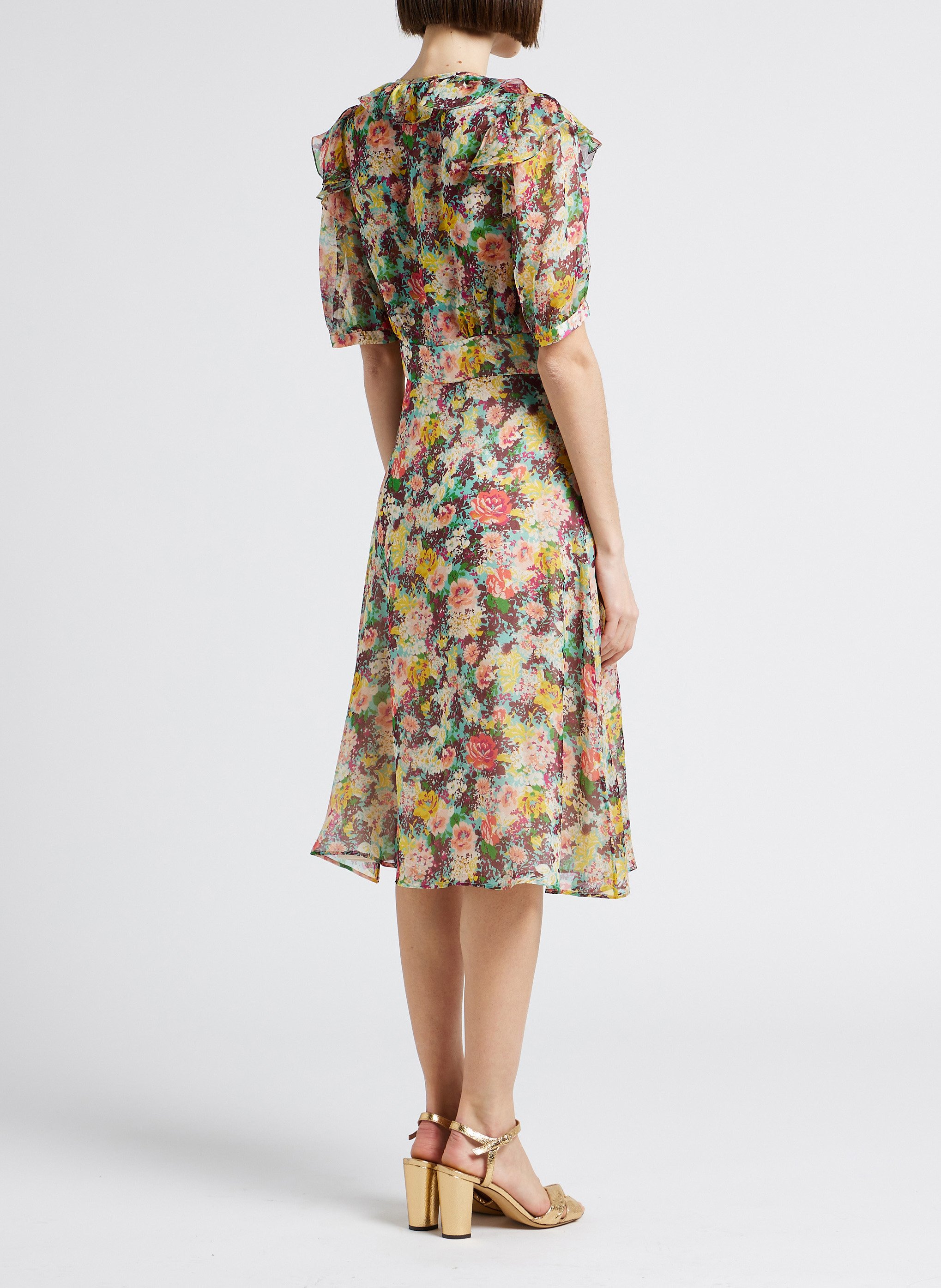 Robe midi col rond imprimée en soie PAUL AND JOE Bleu