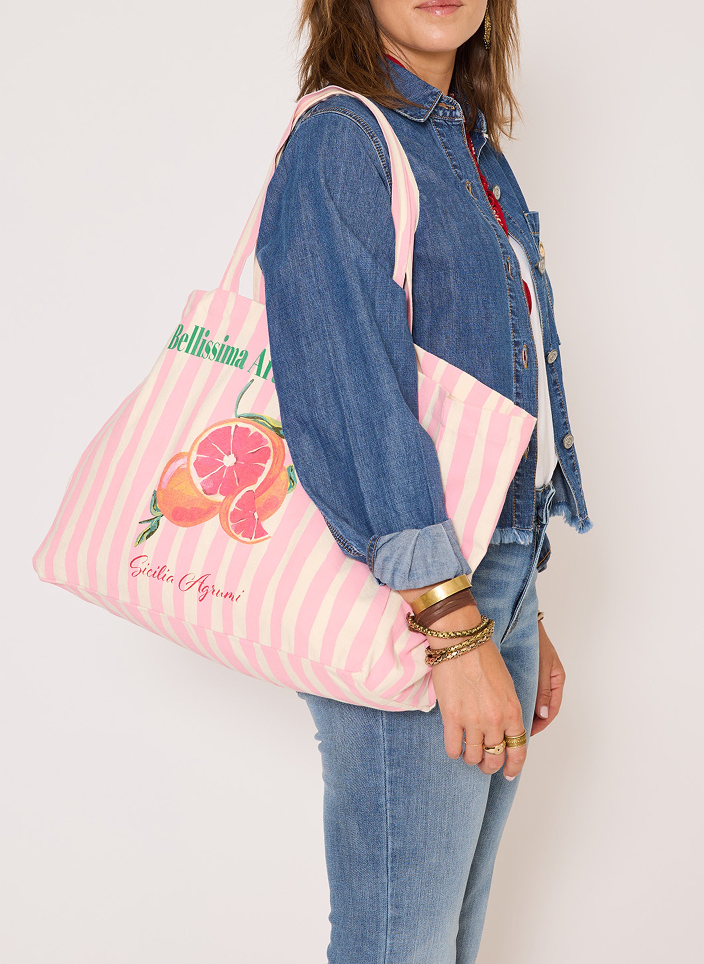 Striped cotton tote bag with screen prints MKT Pink