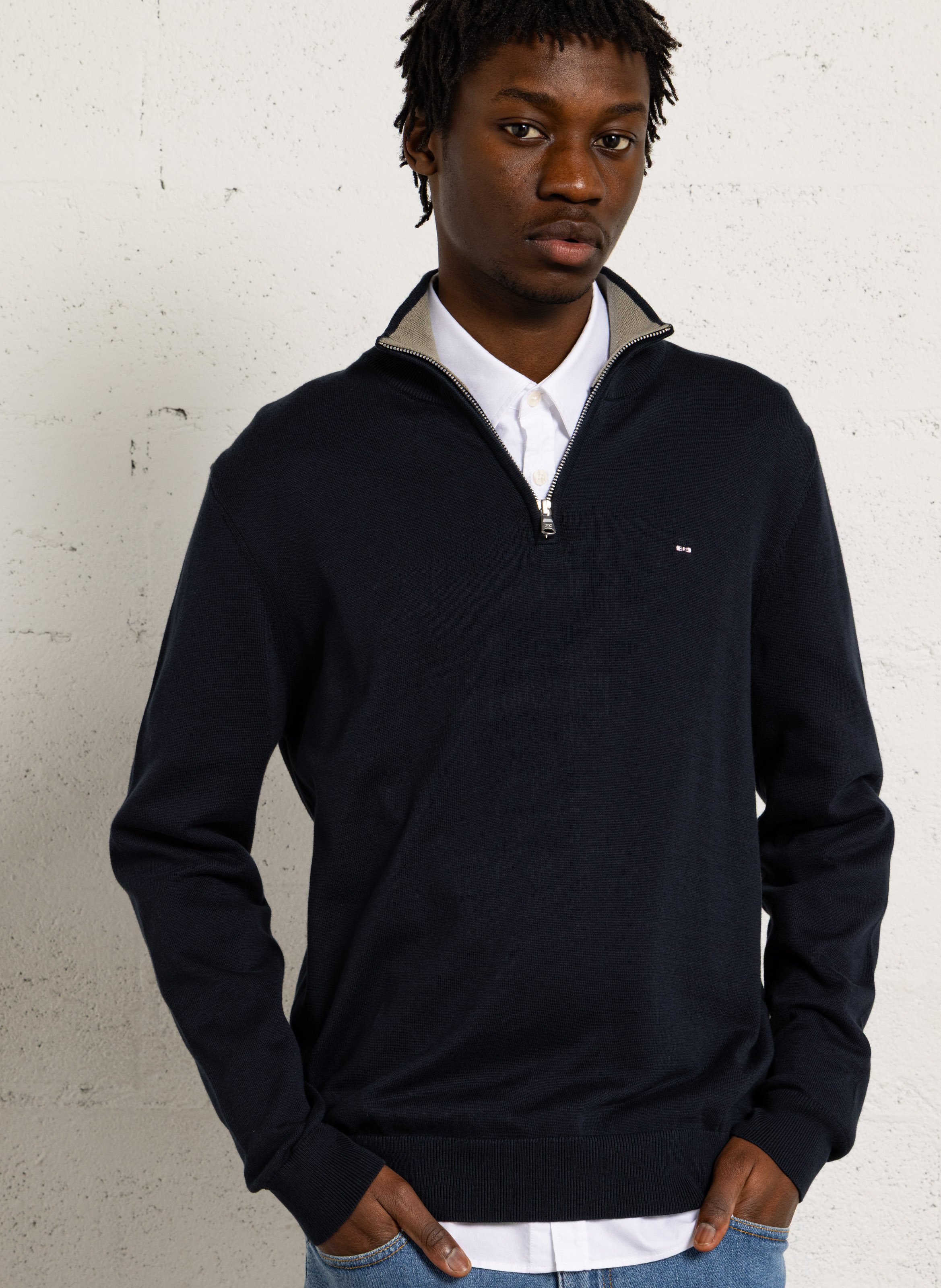 High-neck straight-cut cotton sweater EDEN PARK Blue