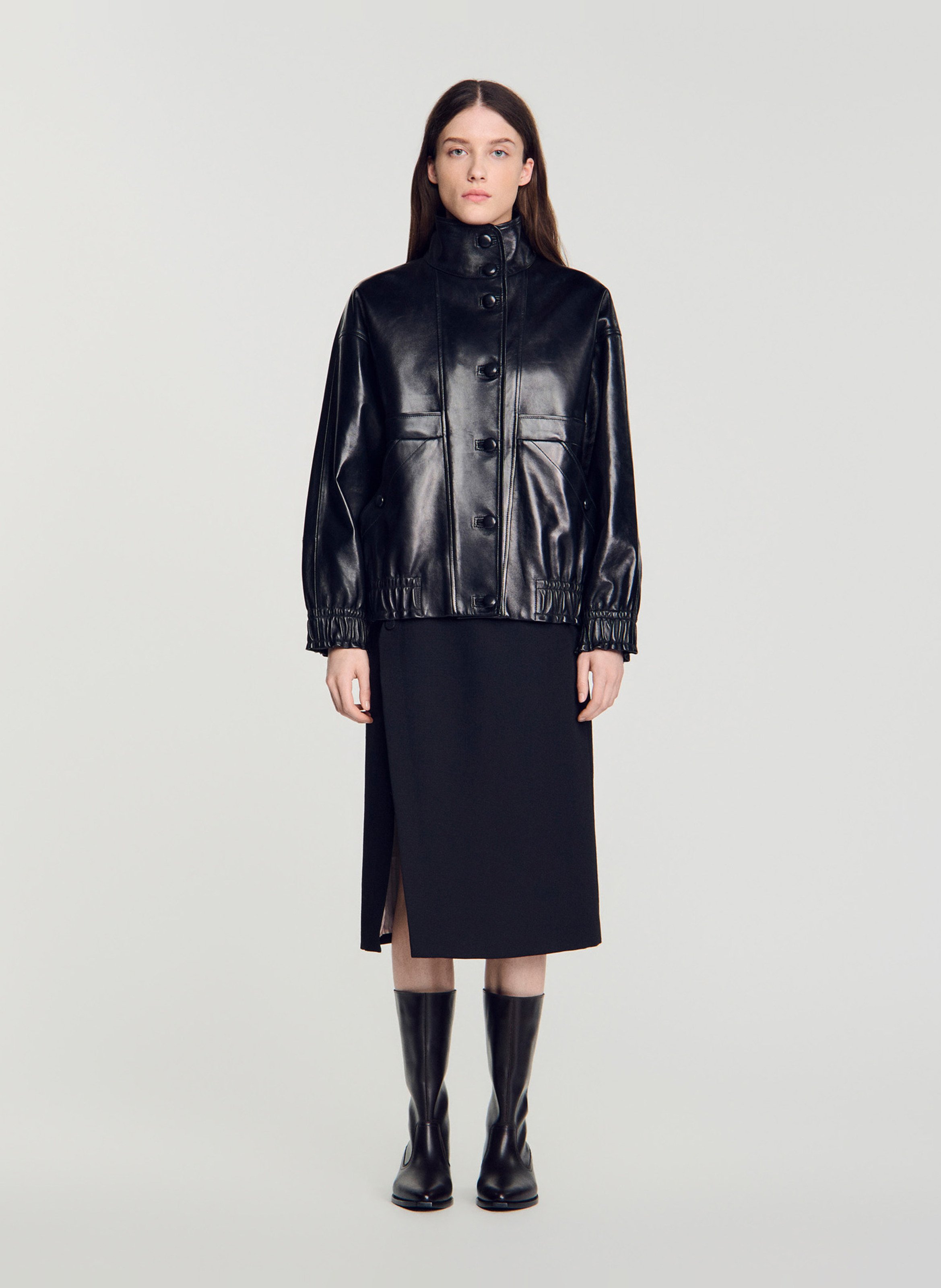 Oversized leather jacket SANDRO Black