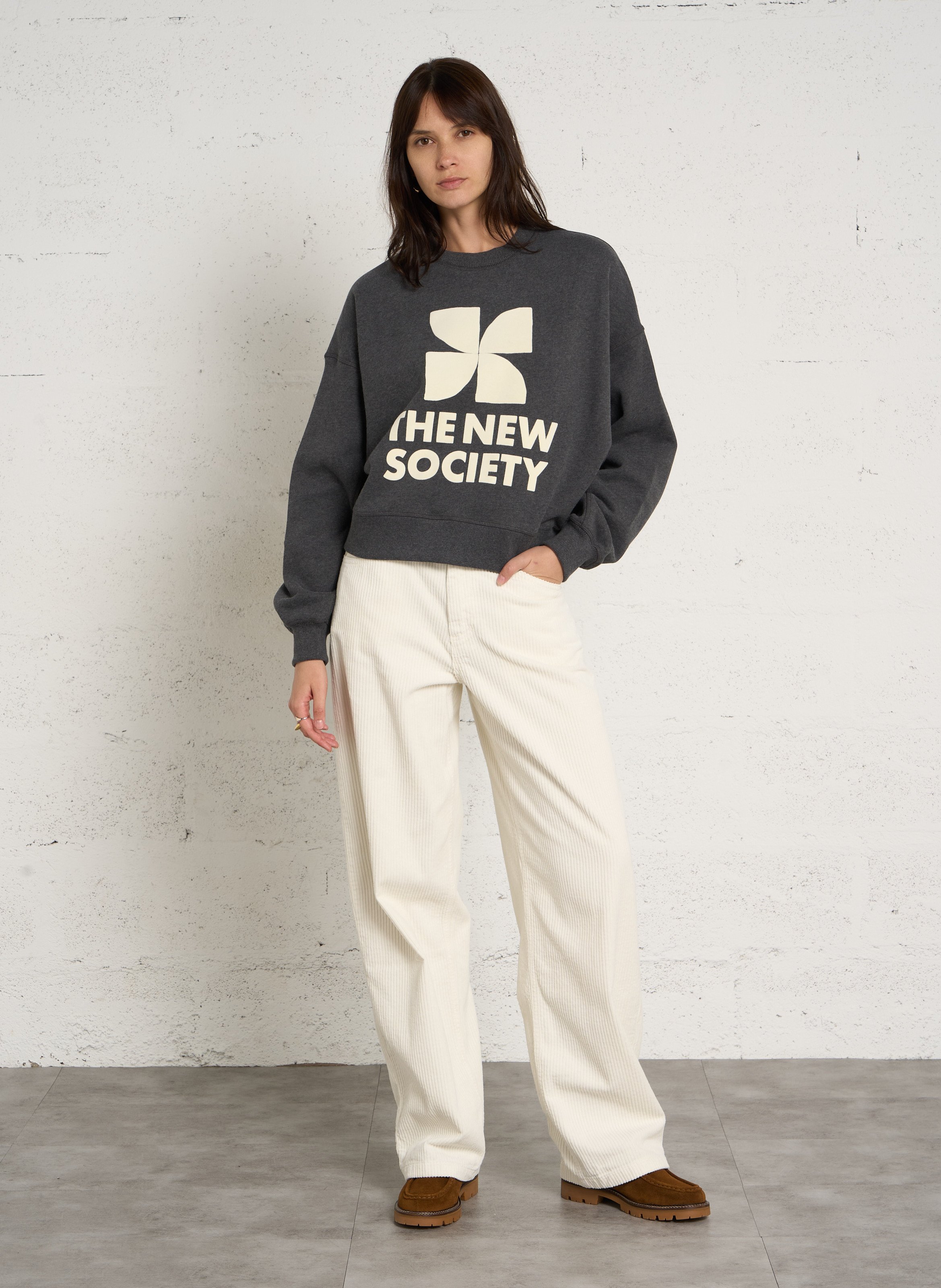 Loose round neck printed cotton sweatshirt THE NEW SOCIETY Grey