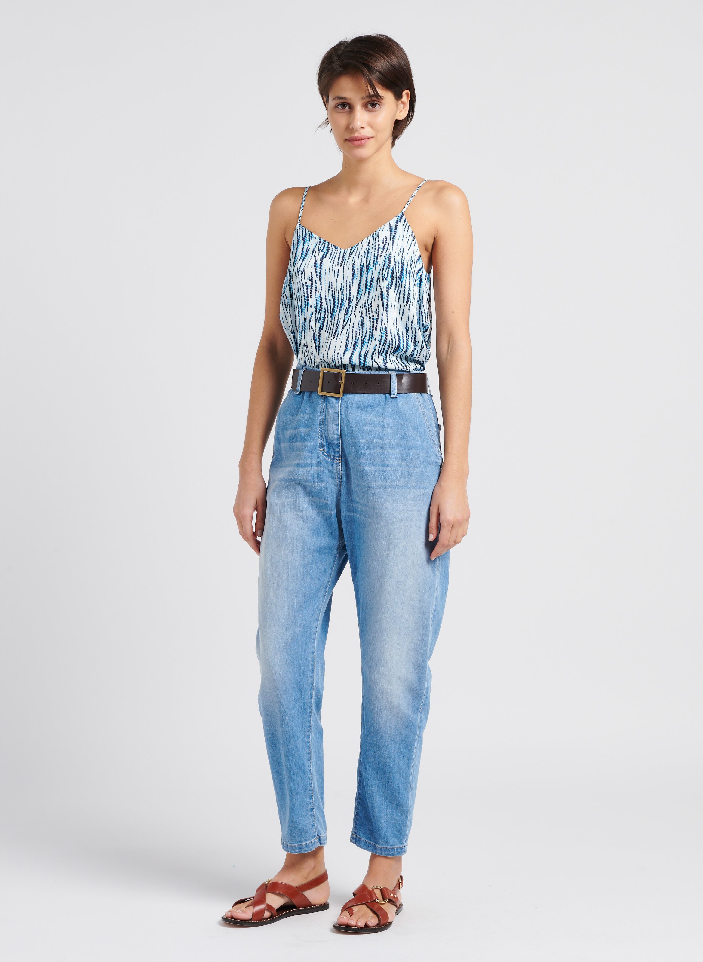 Topje met V-hals en print PLEASE Blauw