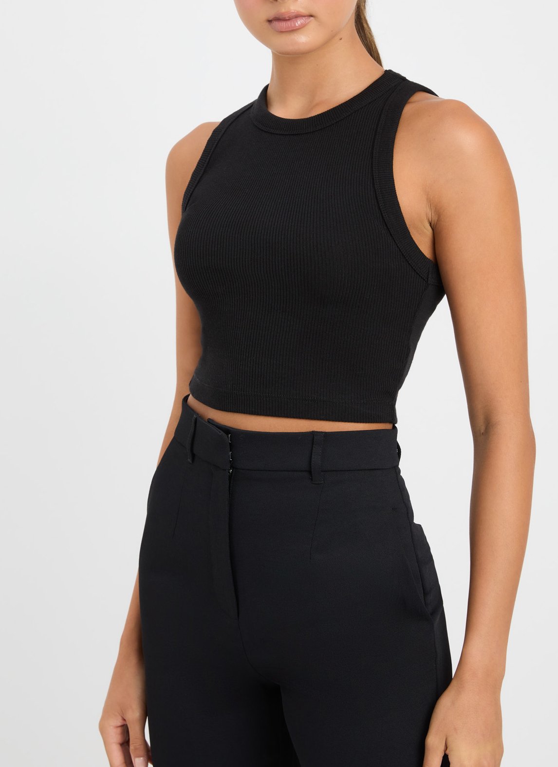 Top court col rond côtelé en coton mélangé NoirKOOKAI