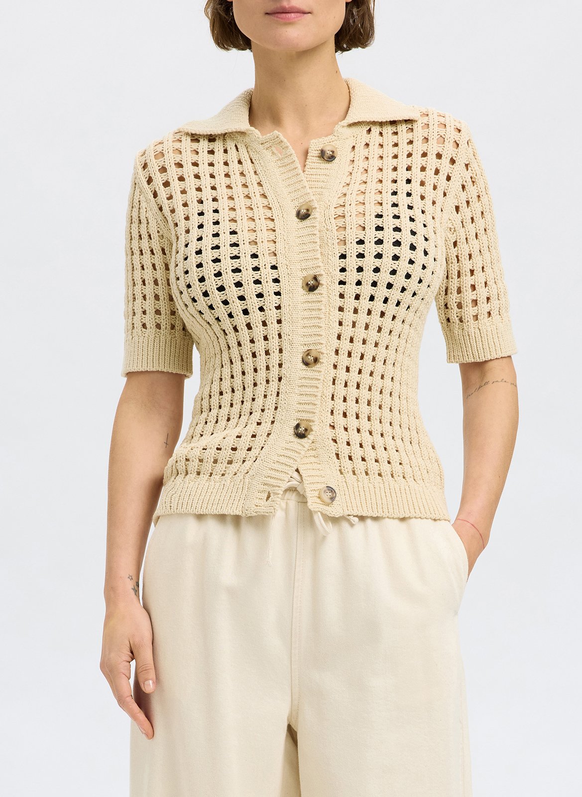 Cardigan droit en coton bio mélangé SELECTED Beige