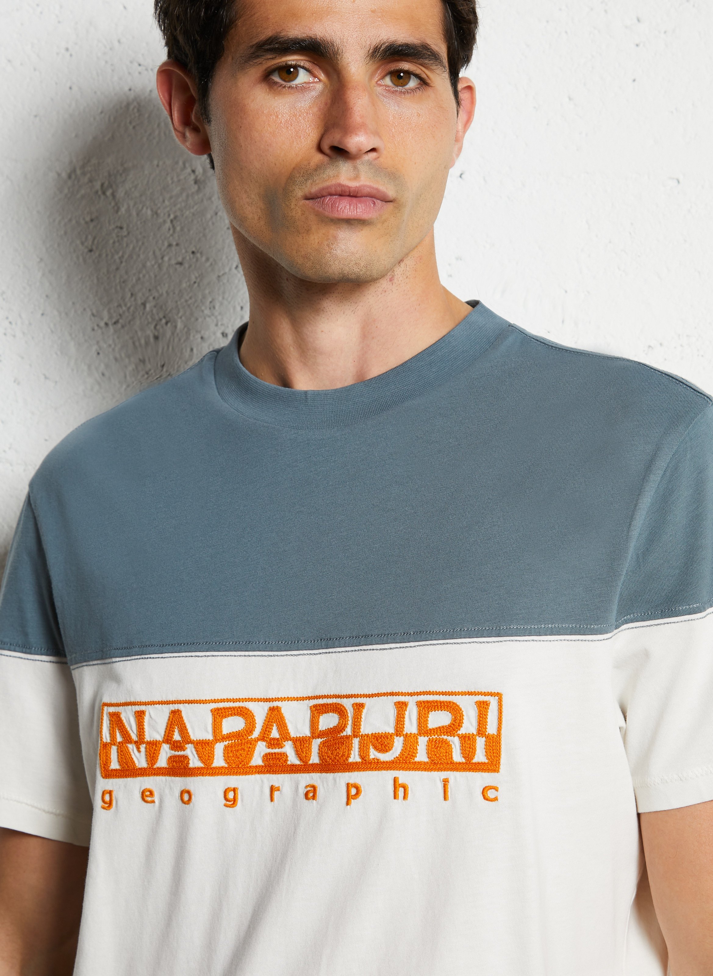 Zweifarbiges besticktes Baumwoll-T-Shirt NAPAPIJRI Weiss