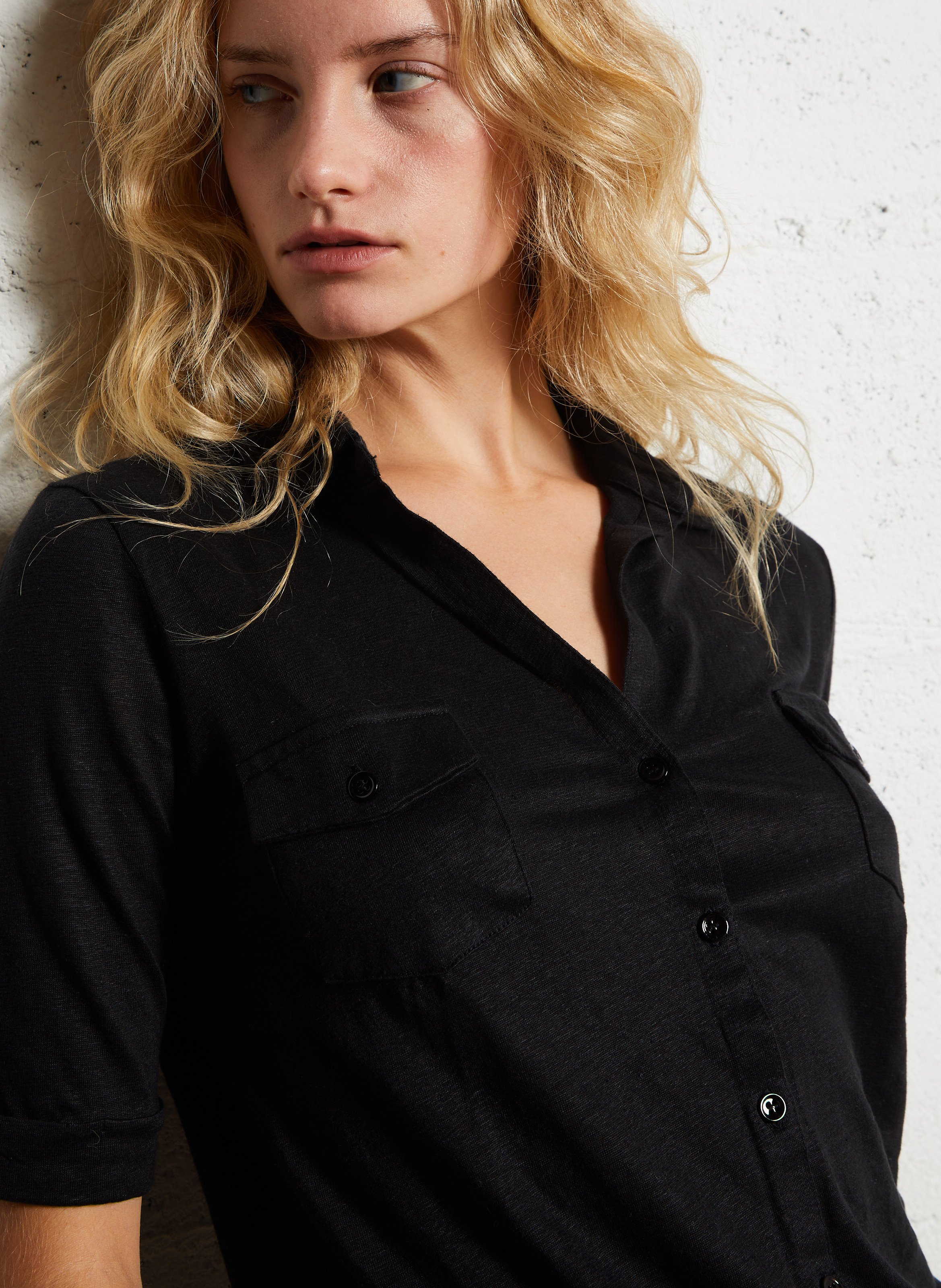 Linen-blend shirt with classic collar MAJESTIC FILATURES Black