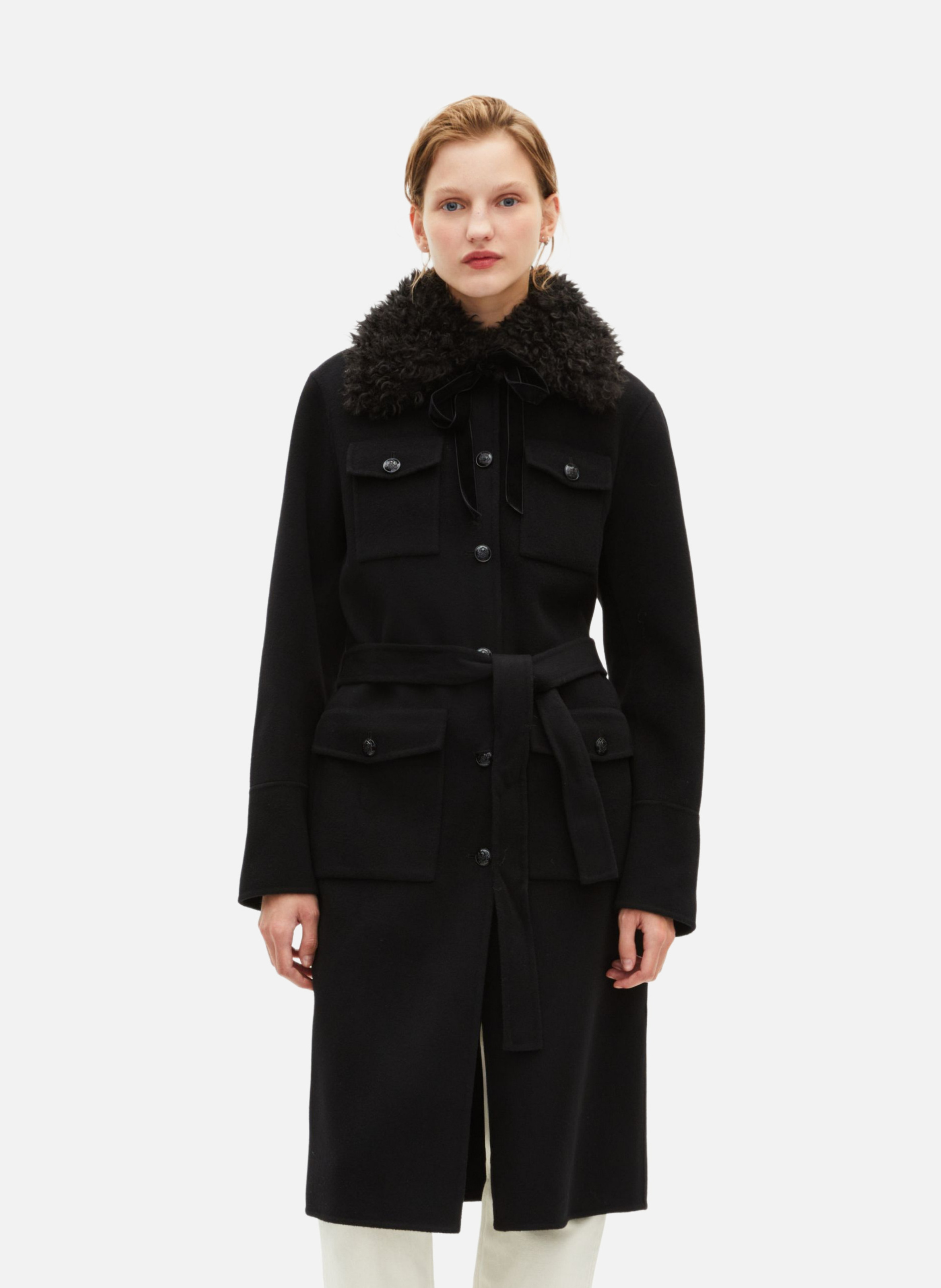 Sherpa collar double-faced long coat THE KOOPLES Black